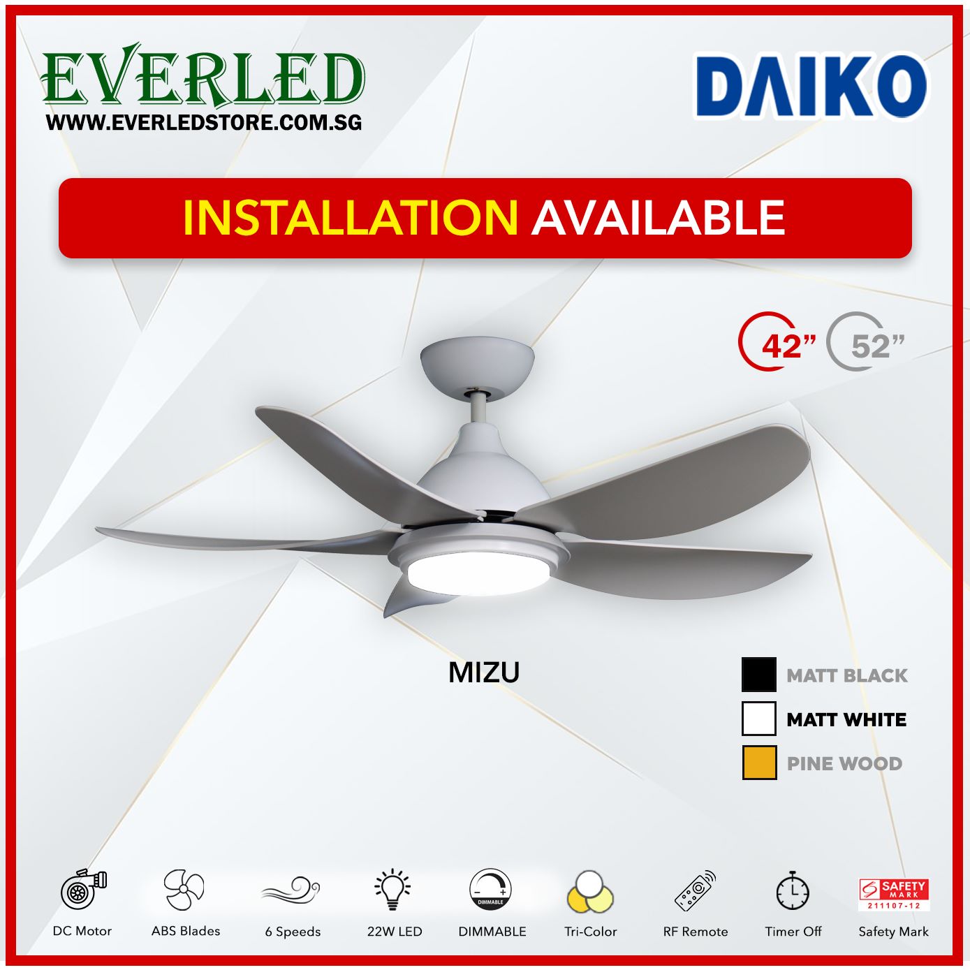 Daiko DC Mizu 42"/52" with Dimmable Tri-color LED (Inverter DC Fan)
