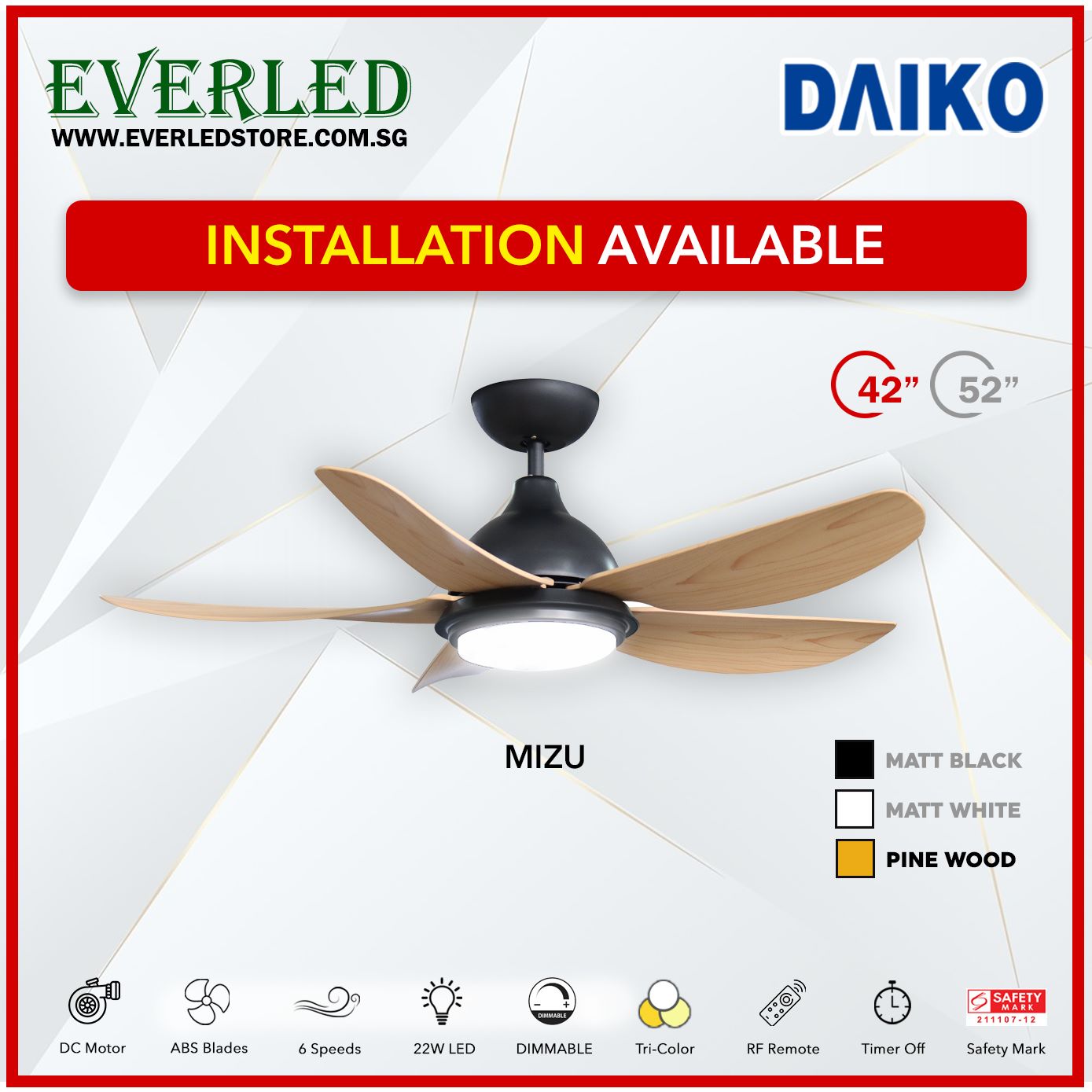 Daiko DC Mizu 42"/52" with Dimmable Tri-color LED (Inverter DC Fan)
