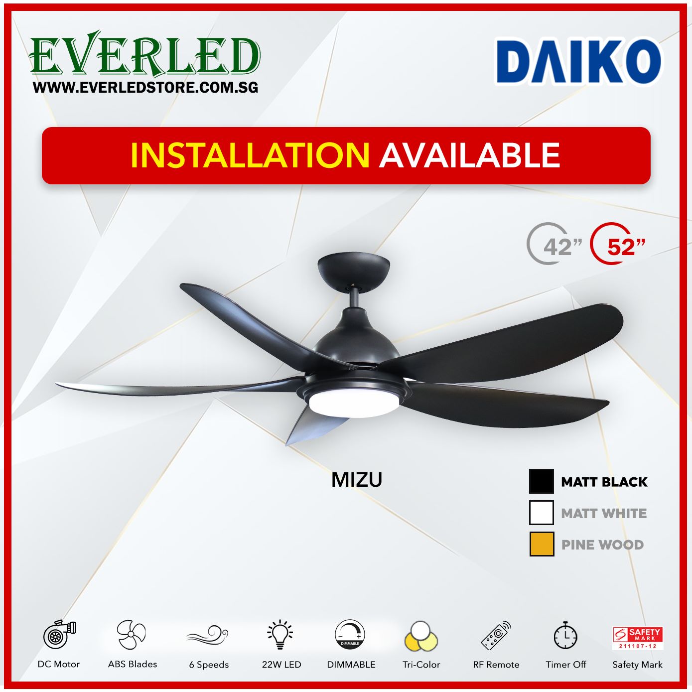 Daiko DC Mizu 42"/52" with Dimmable Tri-color LED (Inverter DC Fan)