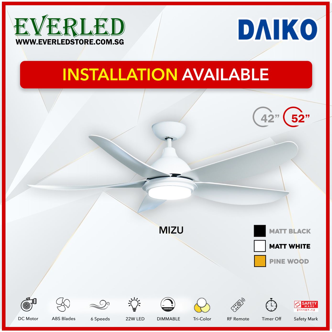 Daiko DC Mizu 42"/52" with Dimmable Tri-color LED (Inverter DC Fan)