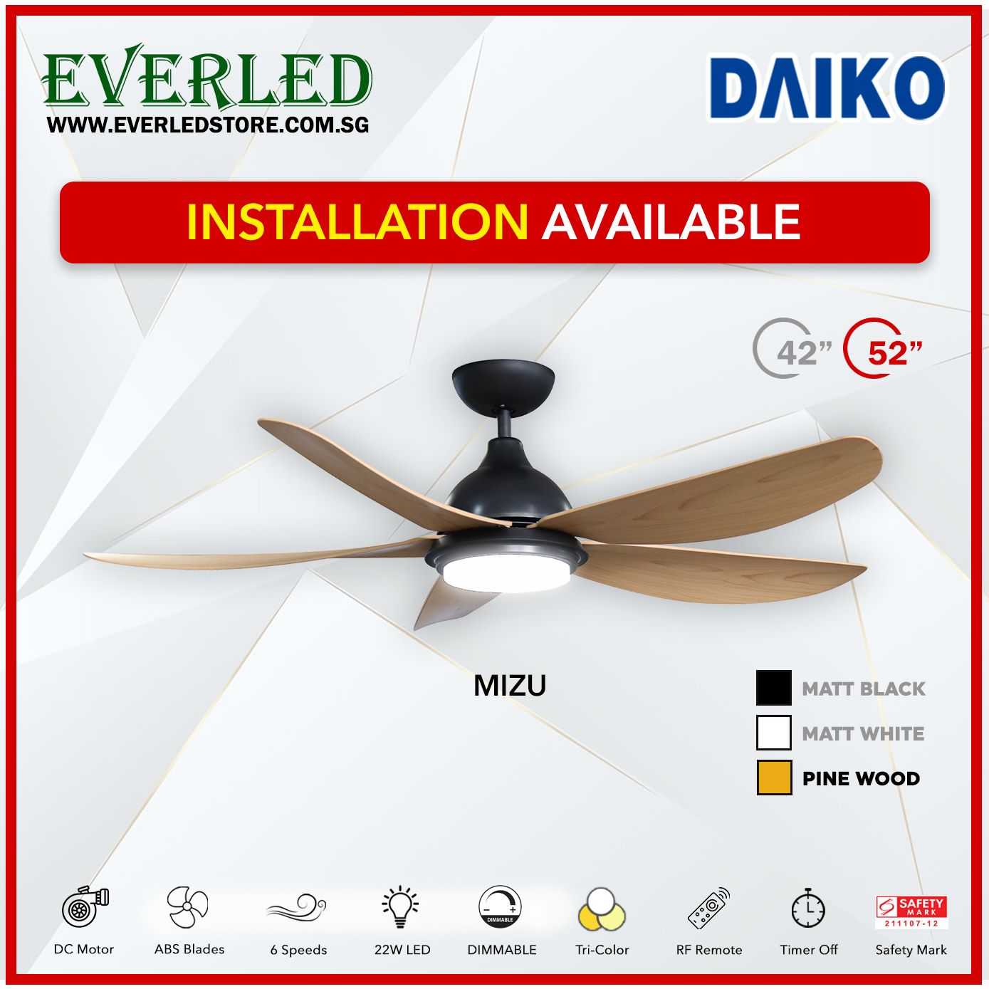 Daiko DC Mizu 42"/52" with Dimmable Tri-color LED (Inverter DC Fan)