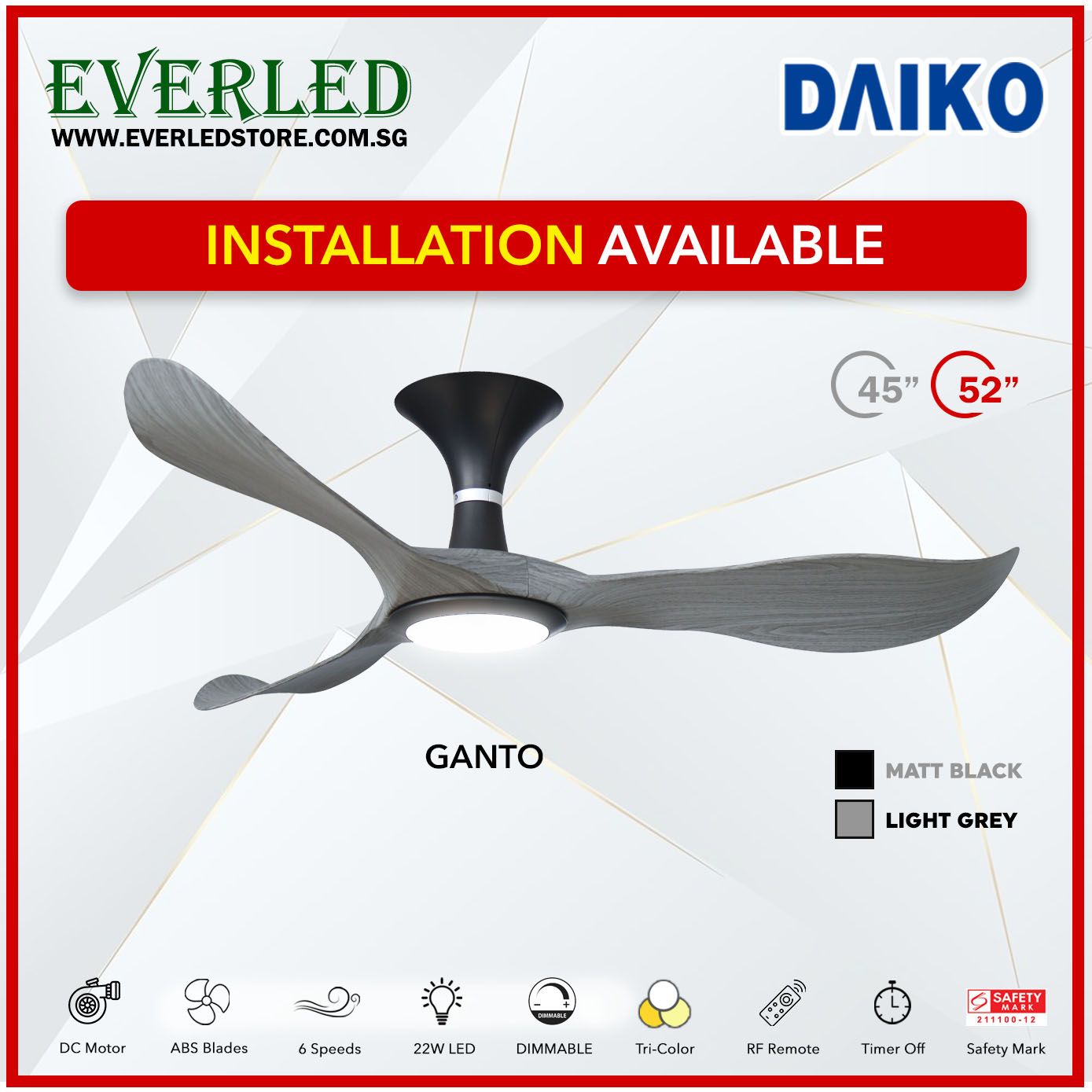 Daiko DC Ganto 45"/52" with Dimmable Tri-color LED (Inverter DC Fan)