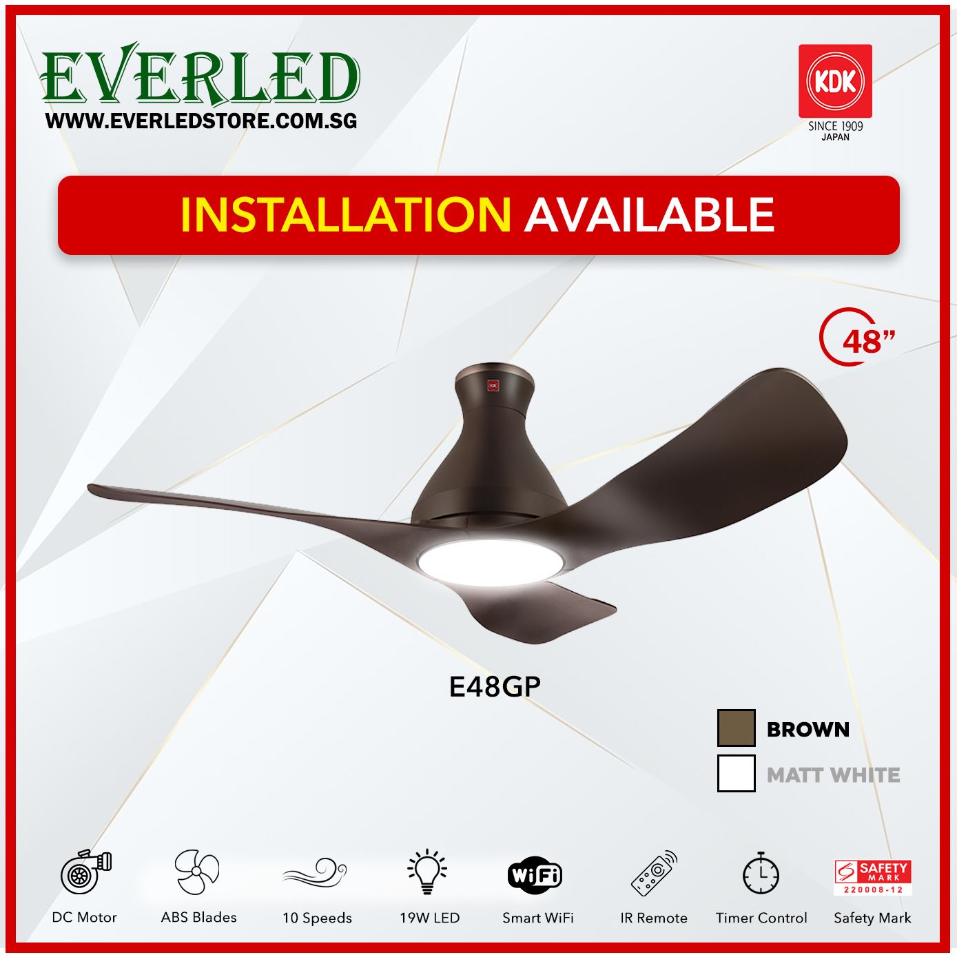 (Ready Stock) KDK Airy E48GP (3 Blades 48" with Wi-Fi and App Control)