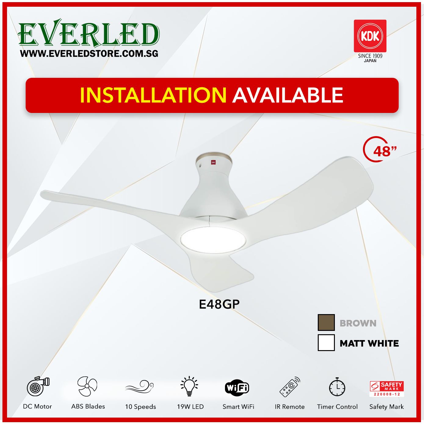 (Ready Stock) KDK Airy E48GP (3 Blades 48" with Wi-Fi and App Control)