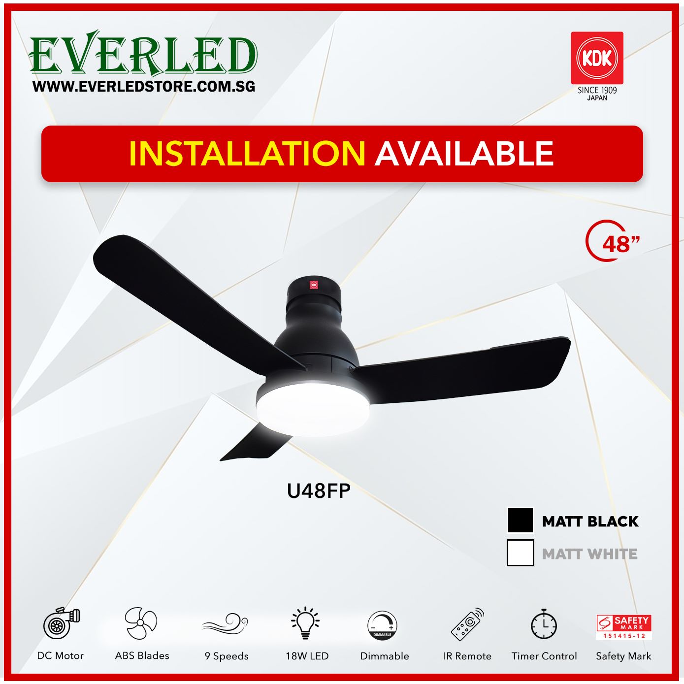 KDK DC Fan U48FP (3 Blades 48" inch with LED Light)