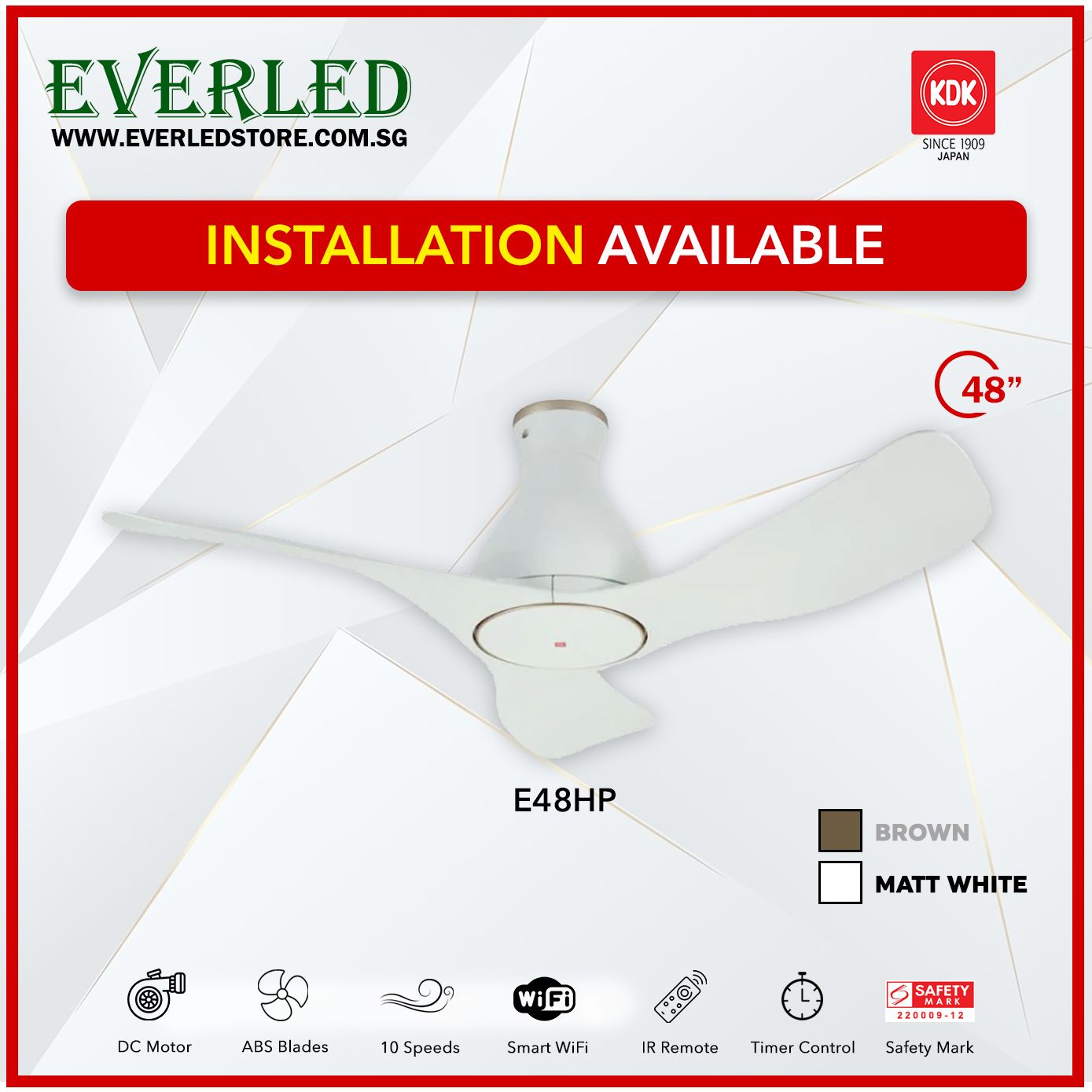 (Ready Stock) KDK Airy E48HP(No LED)(3 Blades 48" with Wi-Fi and App Control)