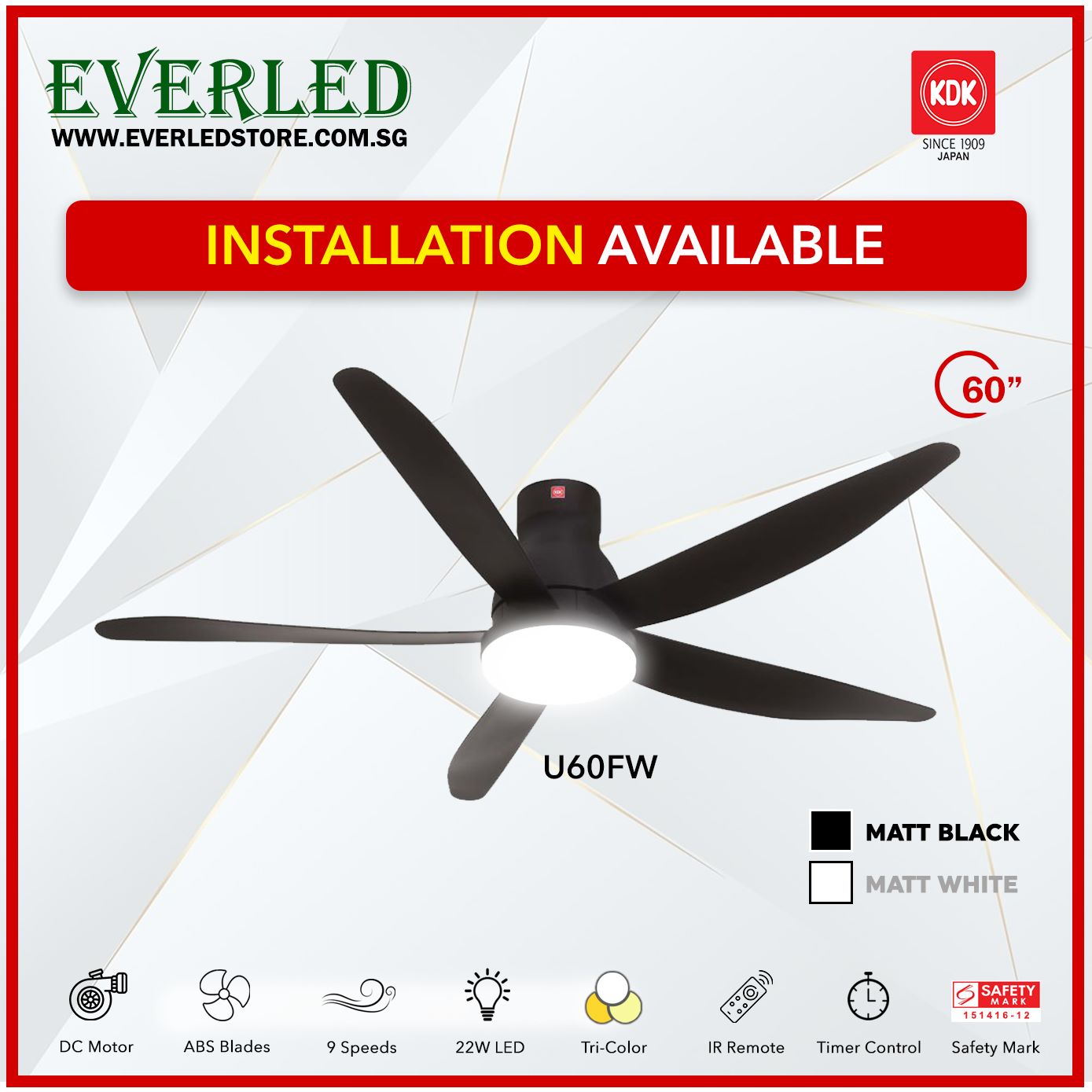 (Ready Stock) KDK DC Fan U60FW (5 Blades 60" inch with LED Light)