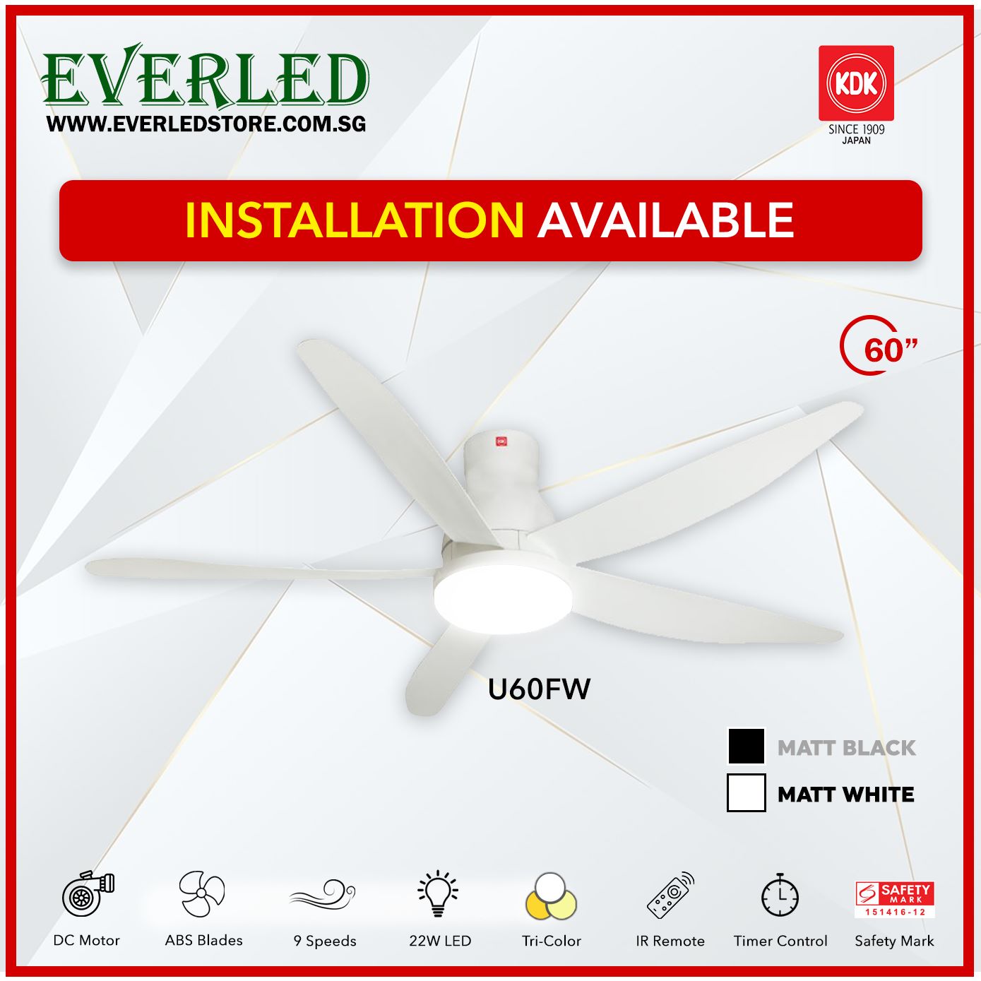 (Ready Stock) KDK DC Fan U60FW (5 Blades 60" inch with LED Light)