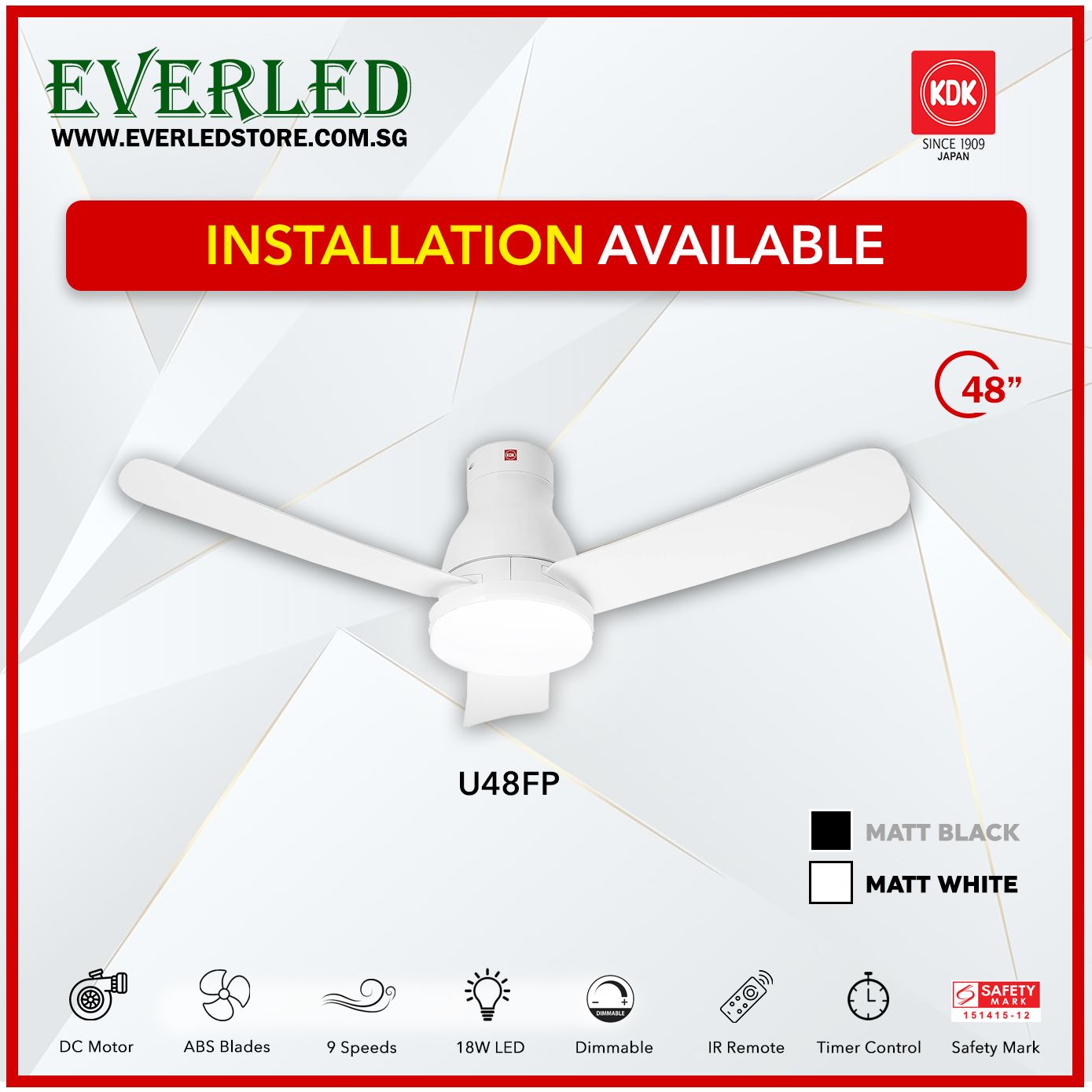 KDK DC Fan U48FP (3 Blades 48" inch with LED Light)