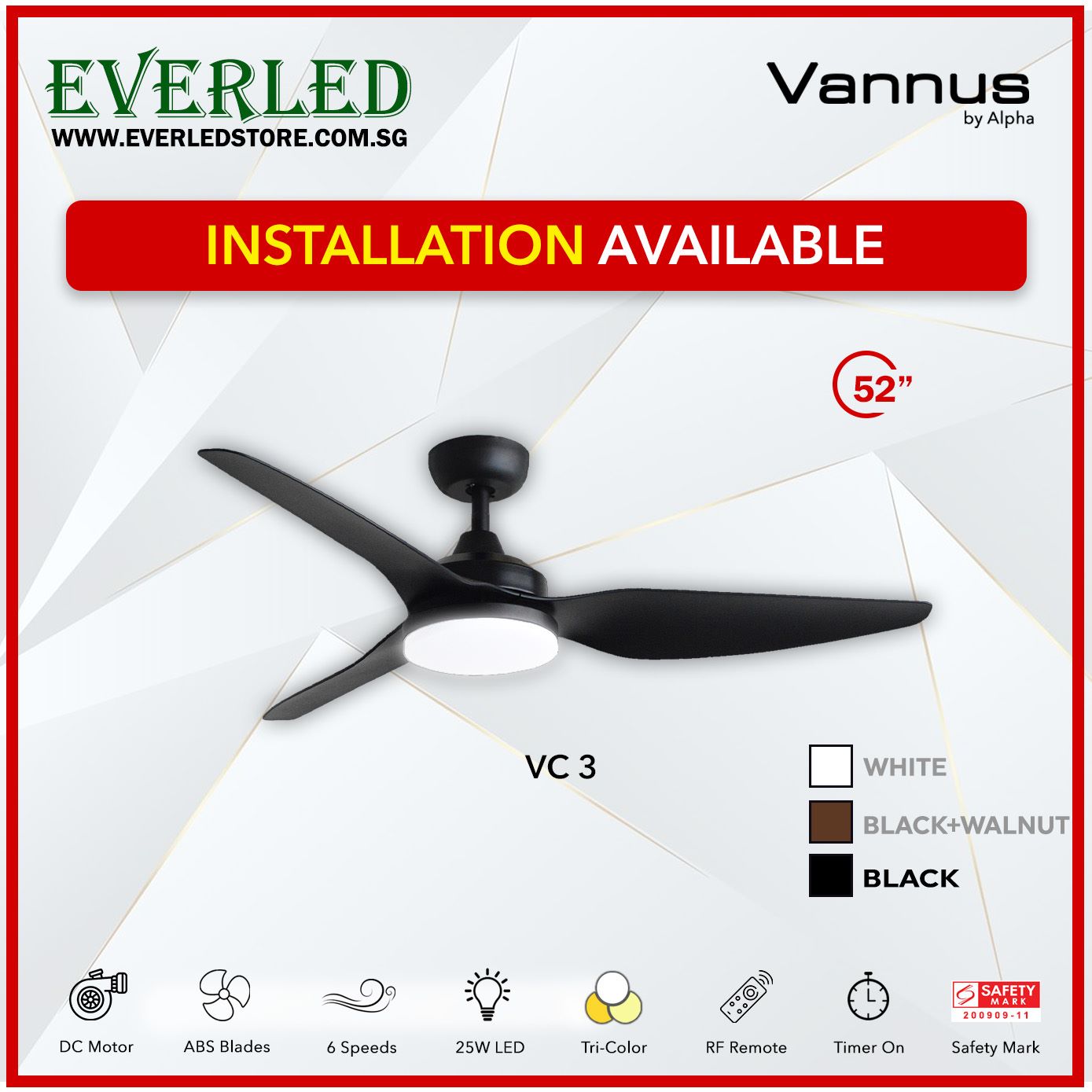 Alpha Fan DC VC3 52" with Tri-colour LED (Inverter DC fan)