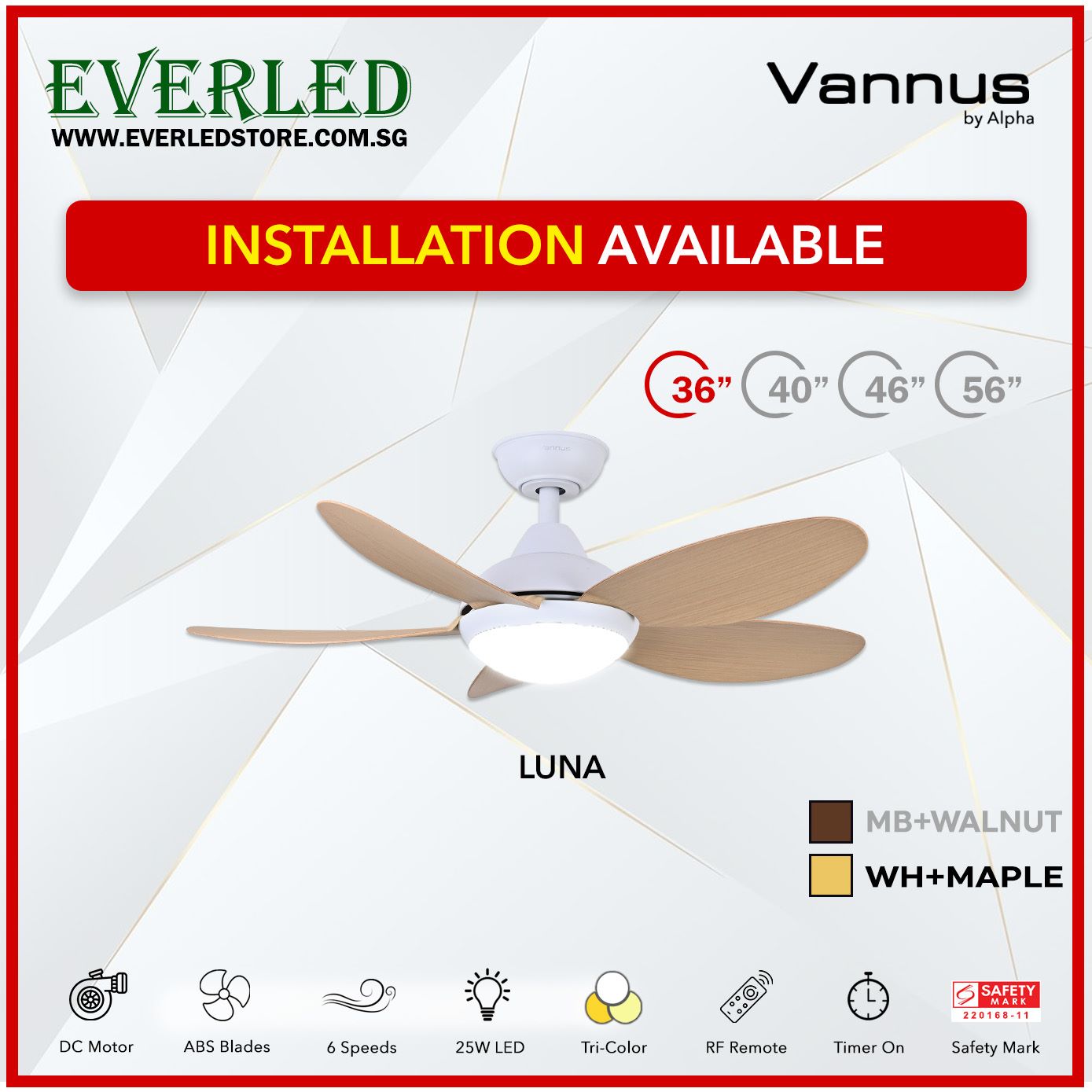 Alpha Fan DC Luna 36"/40"/ 46"/56" with Tri-colour LED (Inverter DC fan)