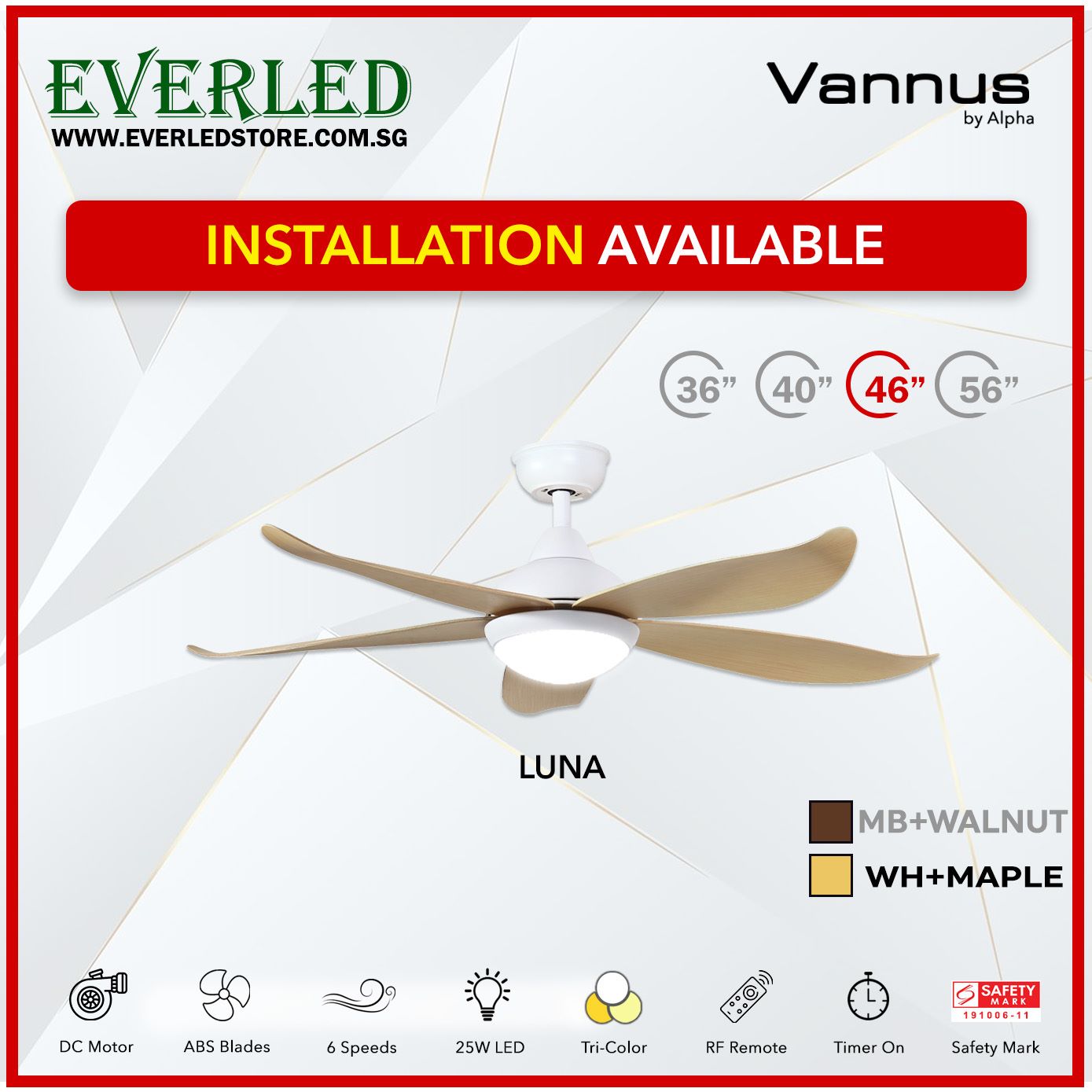 Alpha Fan DC Luna 36"/40"/ 46"/56" with Tri-colour LED (Inverter DC fan)