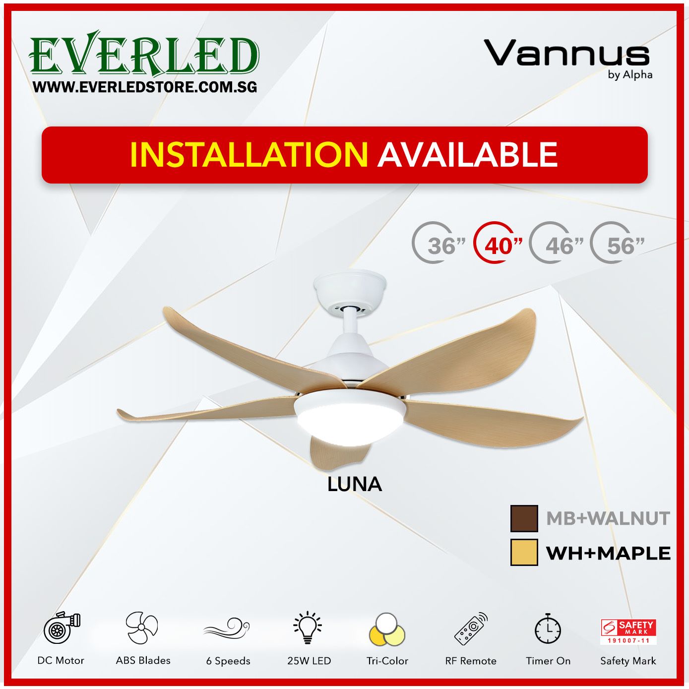 Alpha Fan DC Luna 36"/40"/ 46"/56" with Tri-colour LED (Inverter DC fan)
