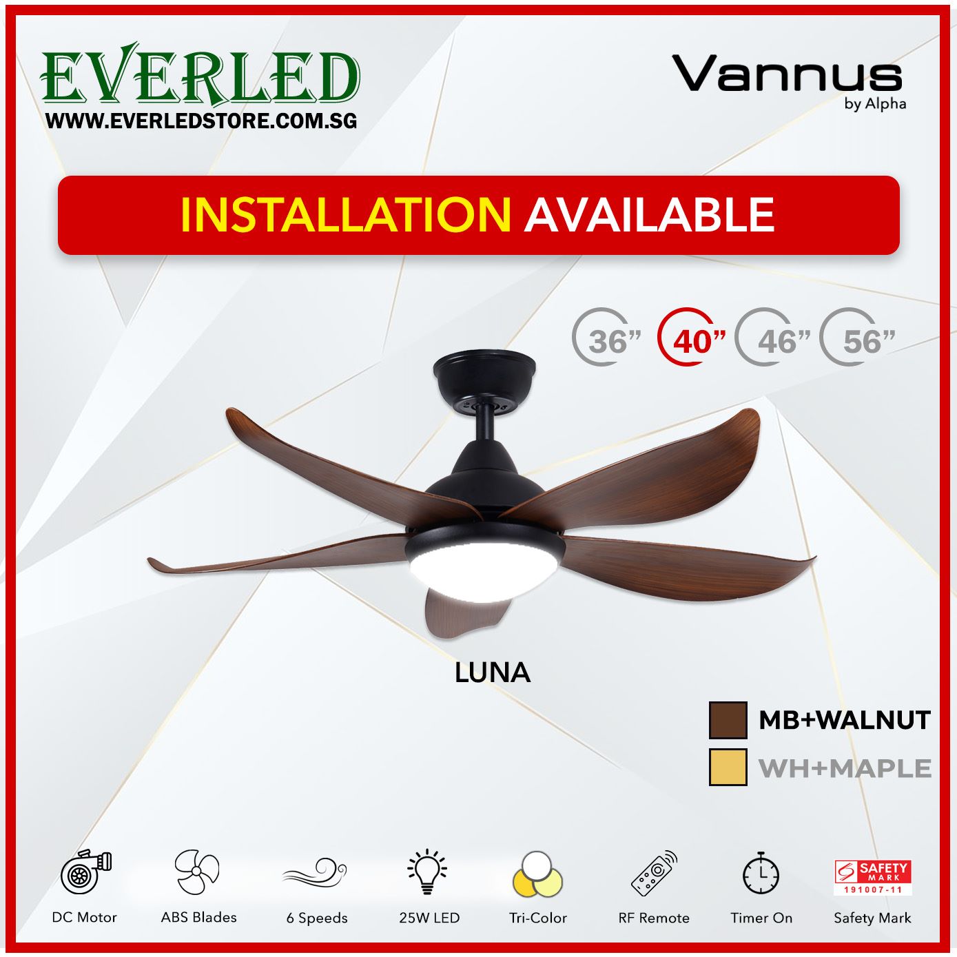 Alpha Fan DC Luna 36"/40"/ 46"/56" with Tri-colour LED (Inverter DC fan)