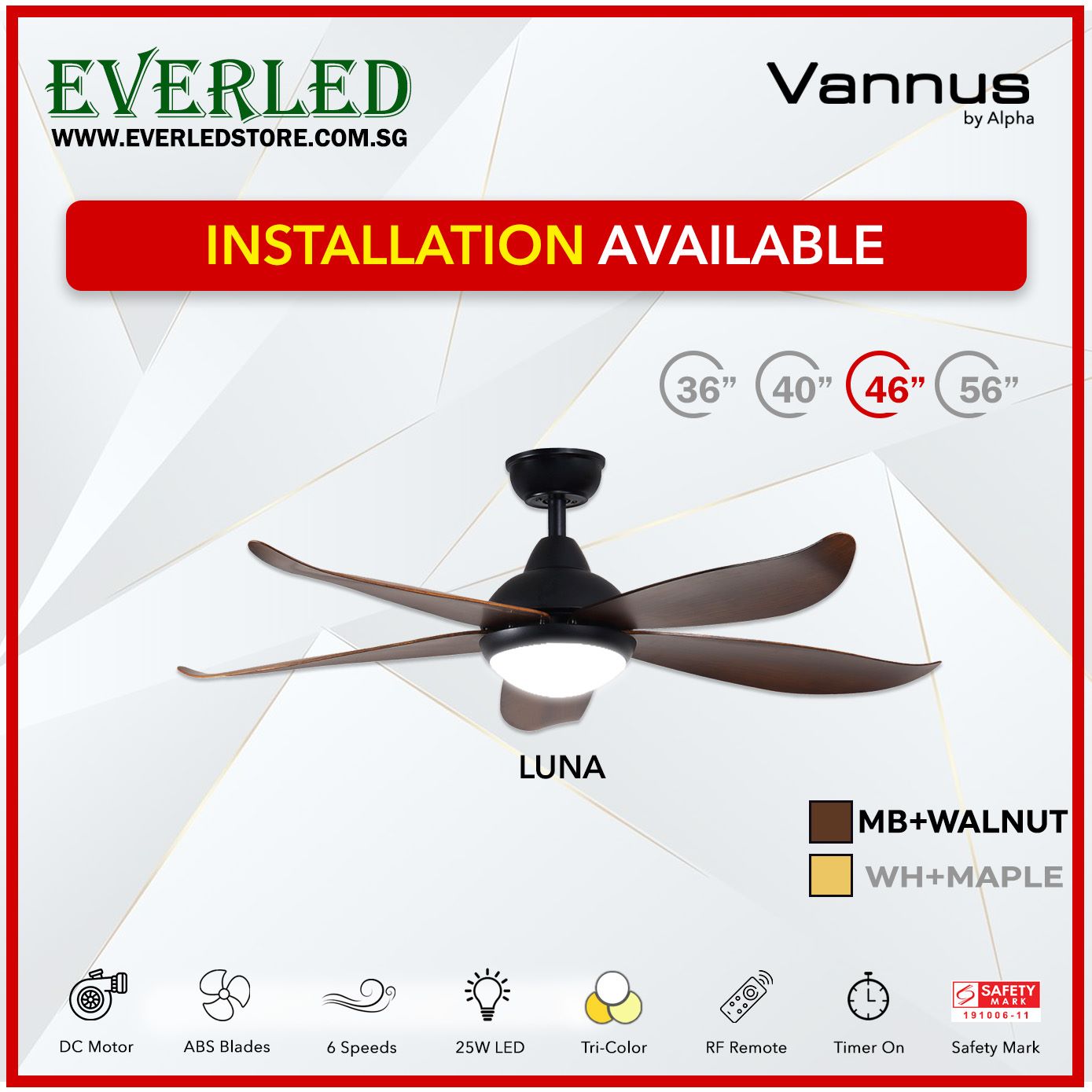 Alpha Fan DC Luna 36"/40"/ 46"/56" with Tri-colour LED (Inverter DC fan)