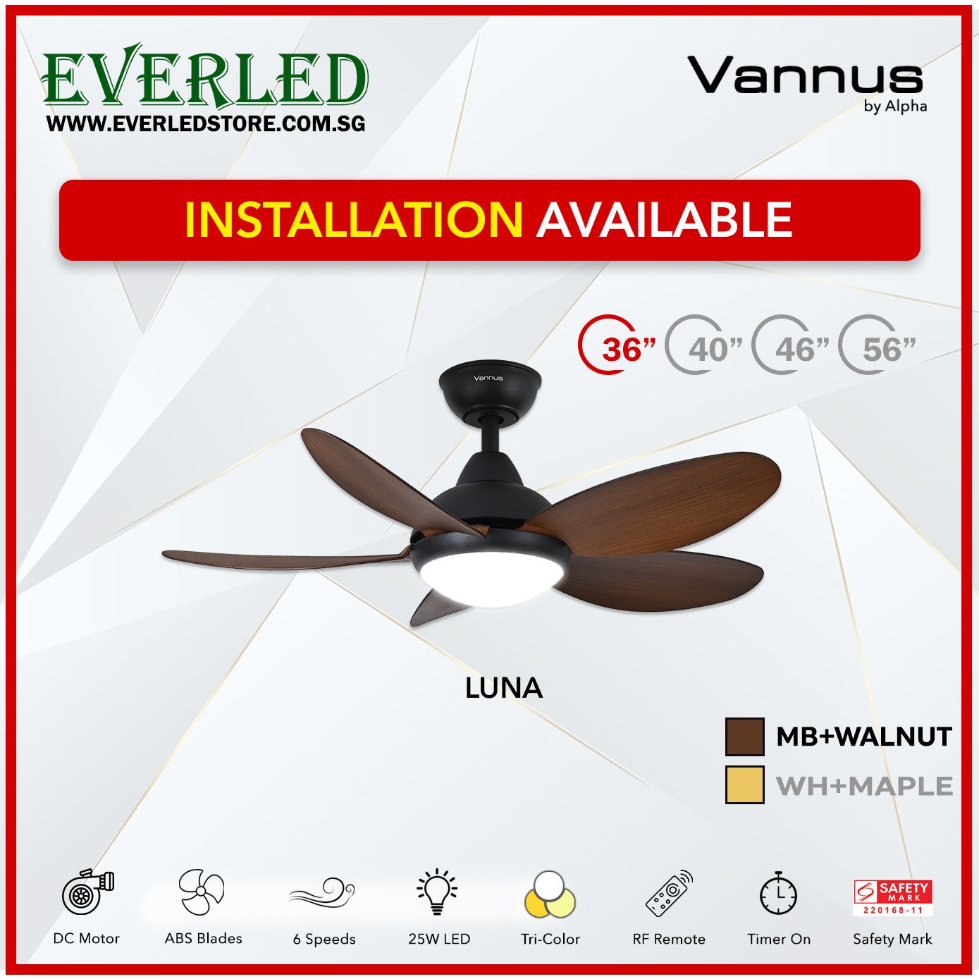 Alpha Fan DC Luna 36"/40"/ 46"/56" with Tri-colour LED (Inverter DC fan)
