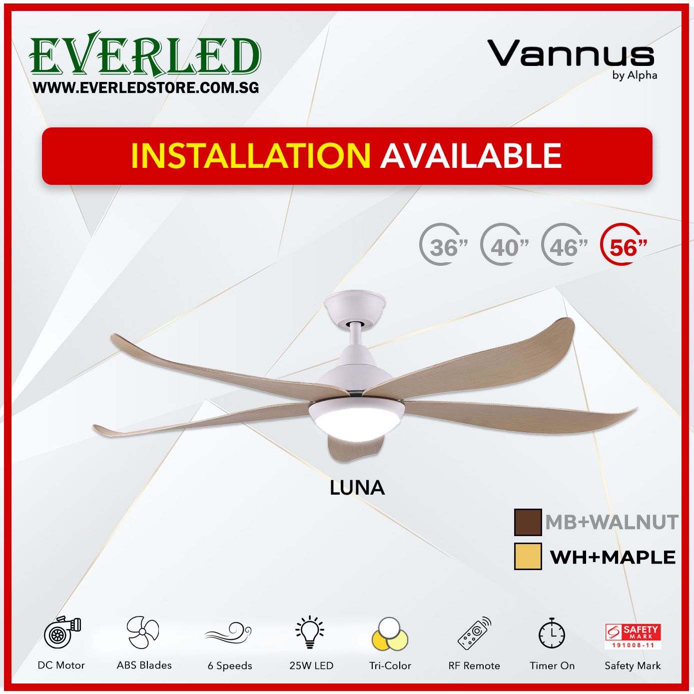 Alpha Fan DC Luna 36"/40"/ 46"/56" with Tri-colour LED (Inverter DC fan)