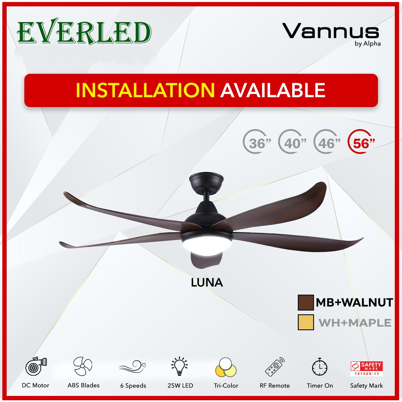 Alpha Fan DC Luna 36"/40"/ 46"/56" with Tri-colour LED (Inverter DC fan)