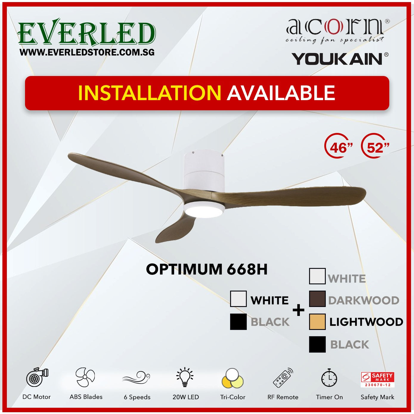 *INSTALLATION AVAILABLE* Acorn (Youkain) *SMART DC INVERTER* Optimum 668H 46"/52" with Tri-color LED