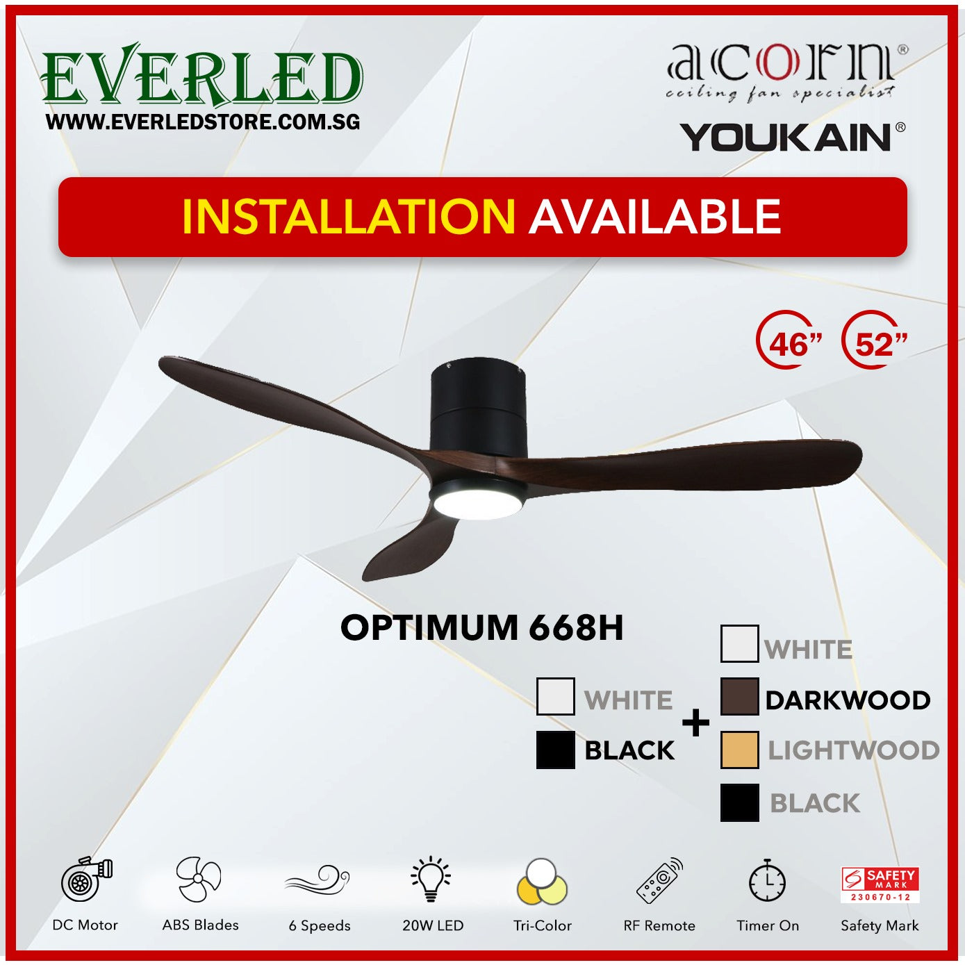 *INSTALLATION AVAILABLE* Acorn (Youkain) *SMART DC INVERTER* Optimum 668H 46"/52" with Tri-color LED