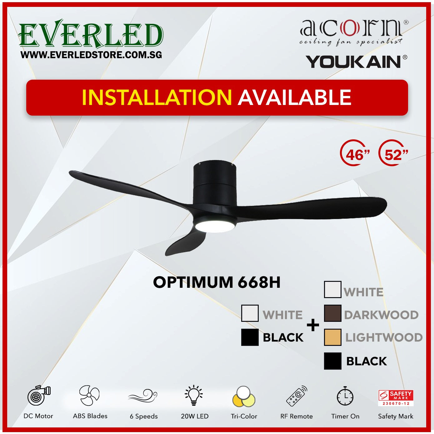 *INSTALLATION AVAILABLE* Acorn (Youkain) *SMART DC INVERTER* Optimum 668H 46"/52" with Tri-color LED