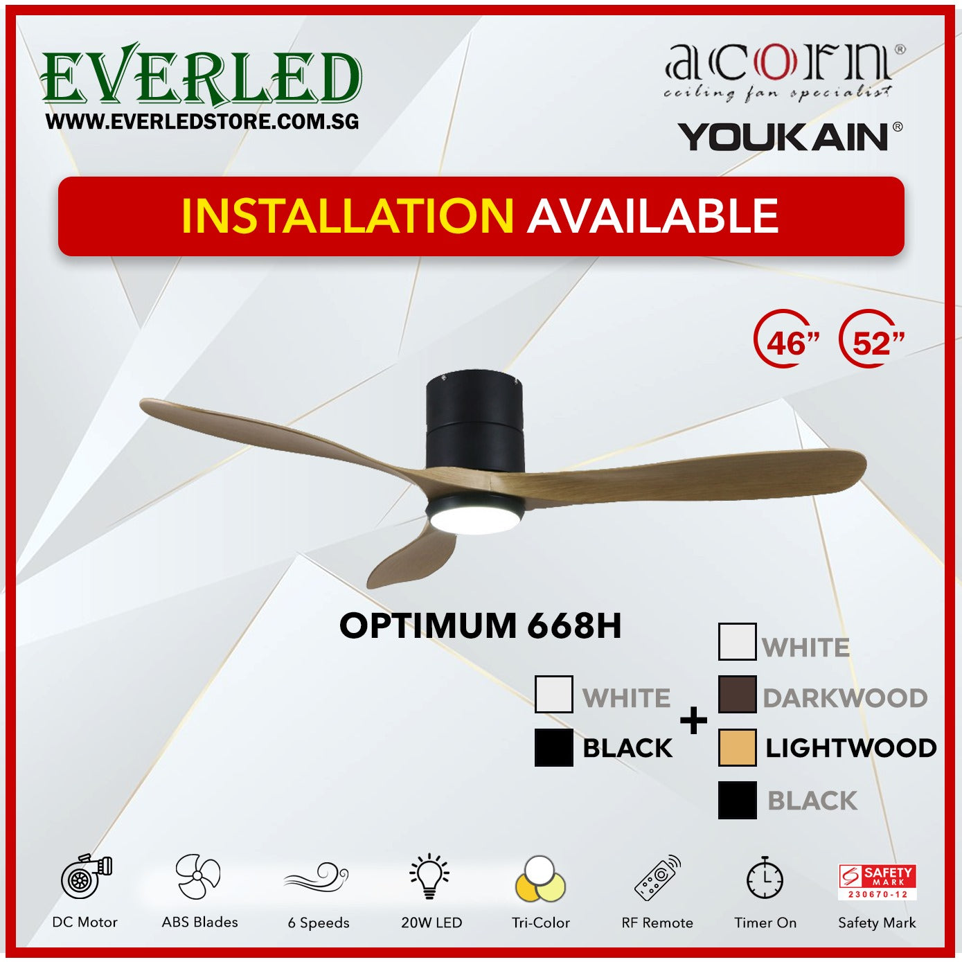 *INSTALLATION AVAILABLE* Acorn (Youkain) *SMART DC INVERTER* Optimum 668H 46"/52" with Tri-color LED