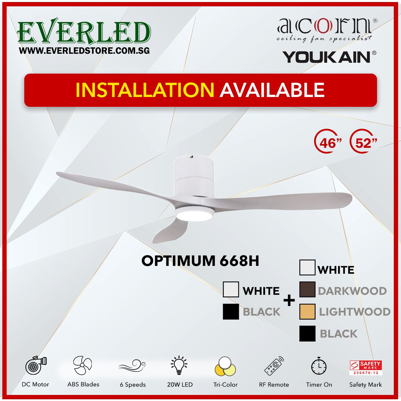 *INSTALLATION AVAILABLE* Acorn (Youkain) *SMART DC INVERTER* Optimum 668H 46"/52" with Tri-color LED