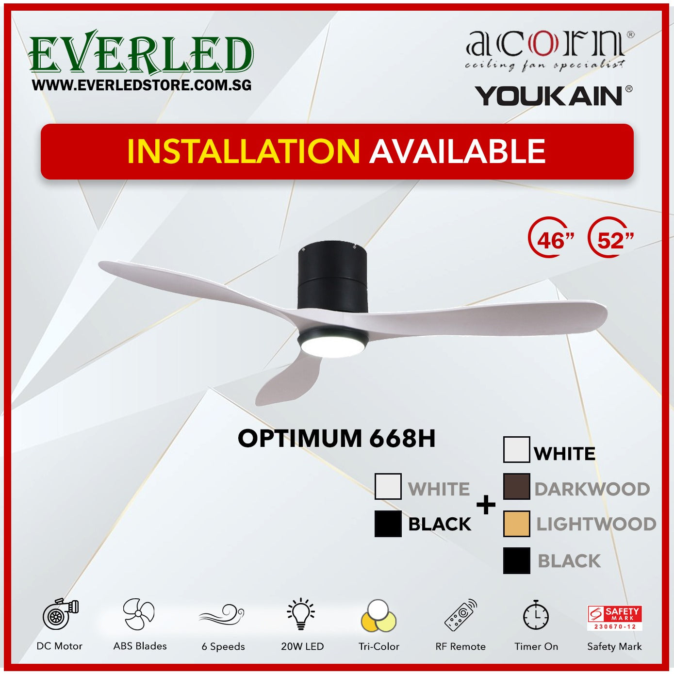 *INSTALLATION AVAILABLE* Acorn (Youkain) *SMART DC INVERTER* Optimum 668H 46"/52" with Tri-color LED