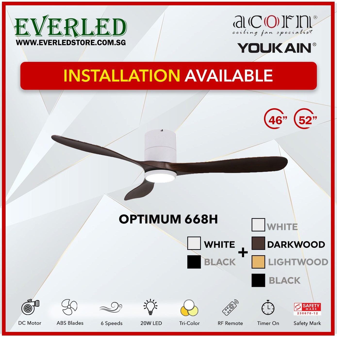*INSTALLATION AVAILABLE* Acorn (Youkain) *SMART DC INVERTER* Optimum 668H 46"/52" with Tri-color LED
