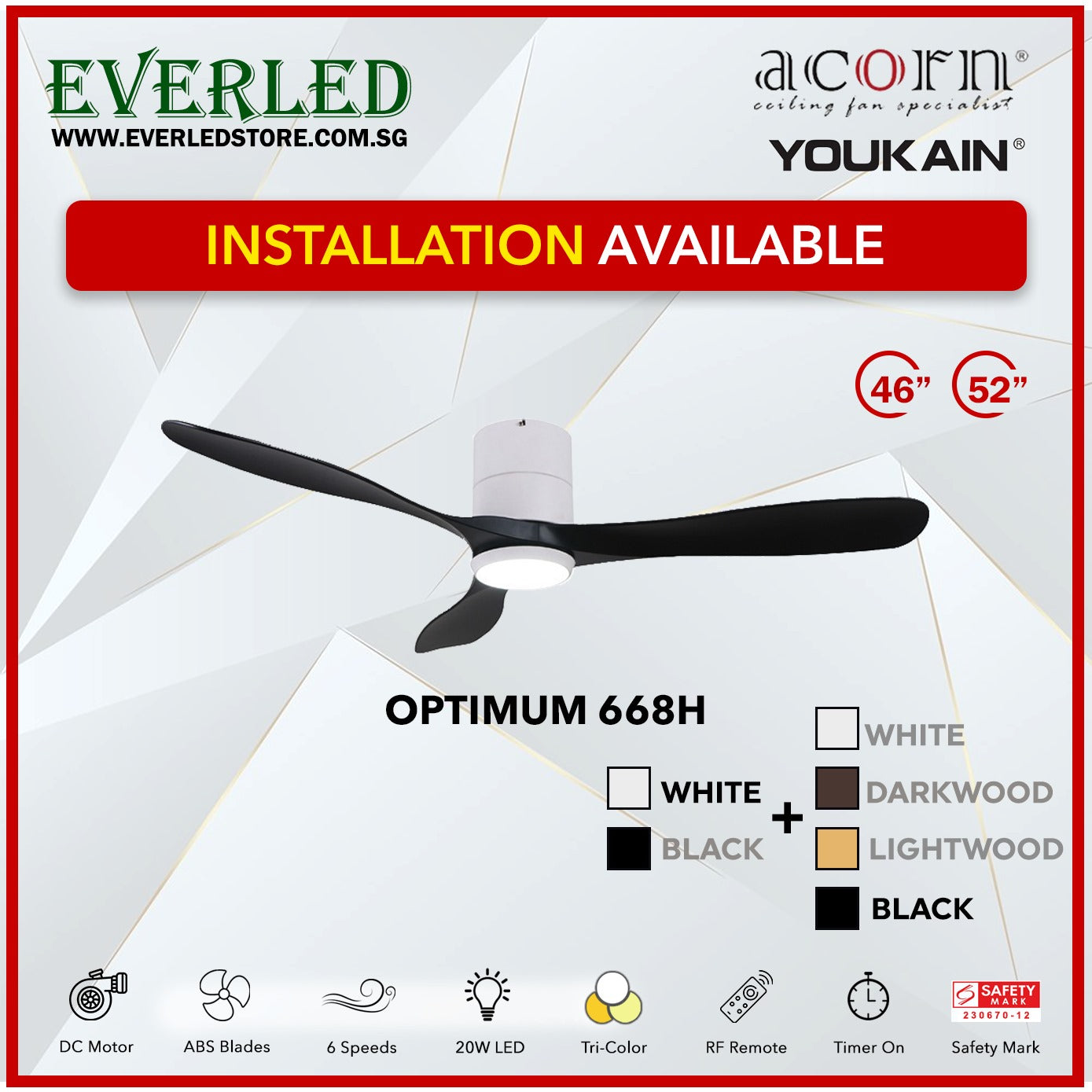 *INSTALLATION AVAILABLE* Acorn (Youkain) *SMART DC INVERTER* Optimum 668H 46"/52" with Tri-color LED