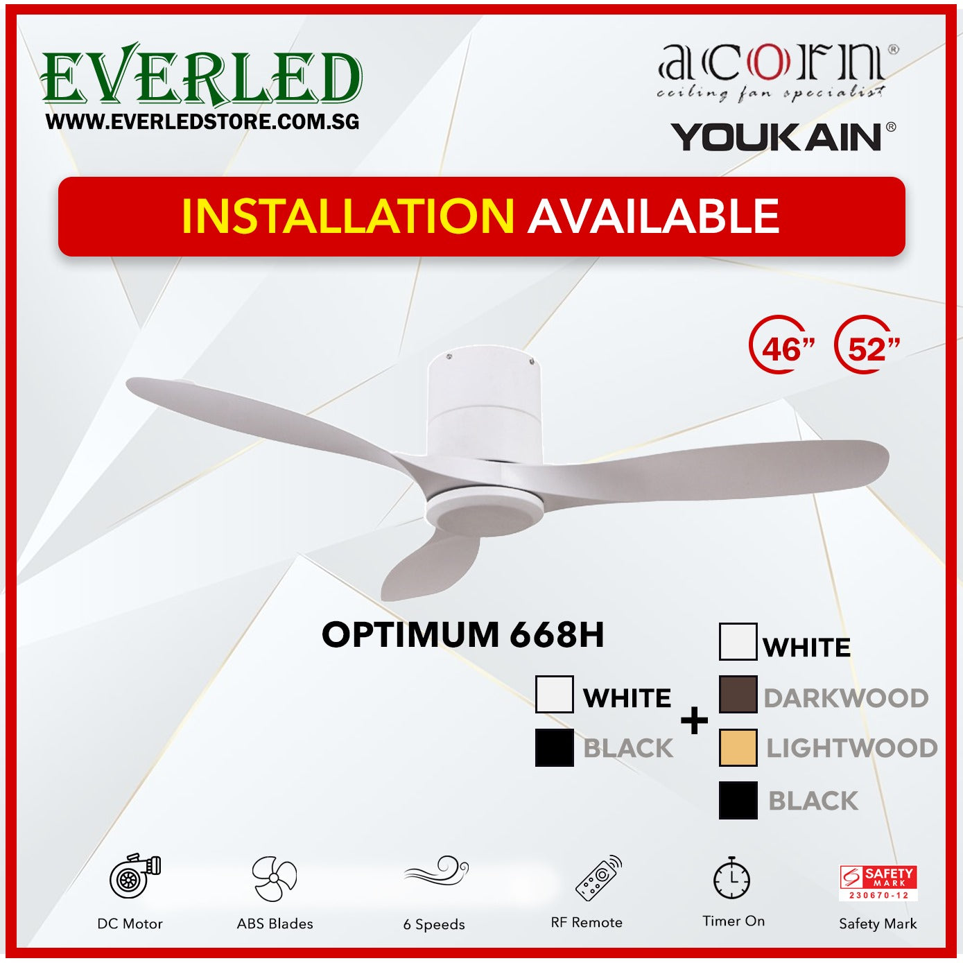 *INSTALLATION AVAILABLE* Acorn (Youkain) *SMART DC INVERTER* Optimum 668H 46"/52" with Tri-color LED