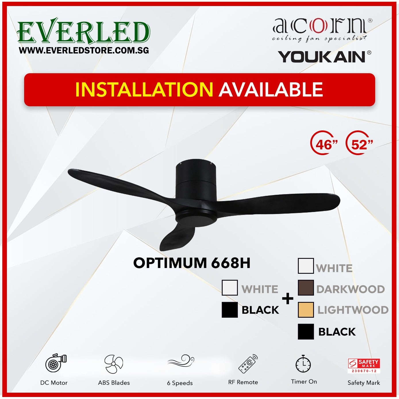 *INSTALLATION AVAILABLE* Acorn (Youkain) *SMART DC INVERTER* Optimum 668H 46"/52" with Tri-color LED