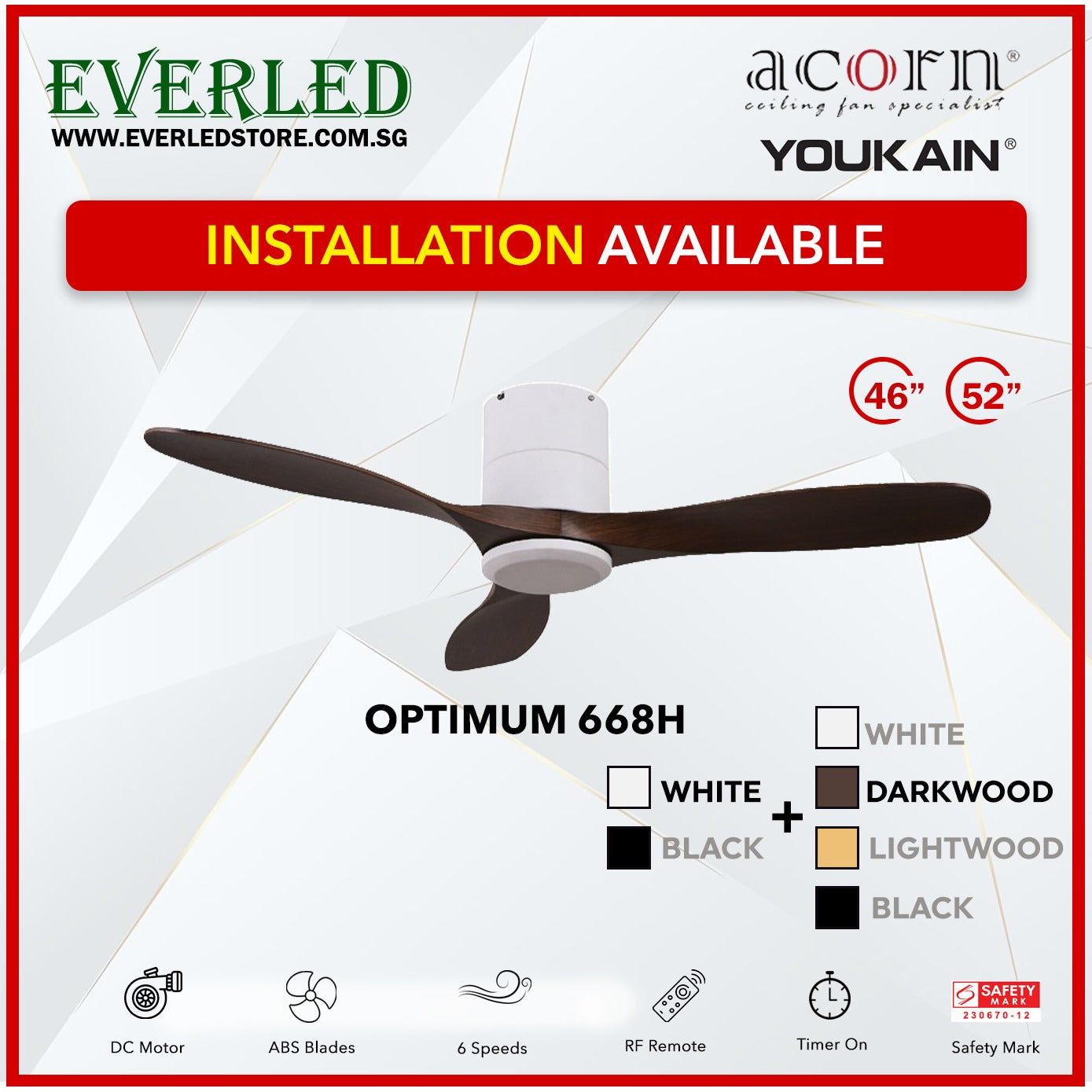 *INSTALLATION AVAILABLE* Acorn (Youkain) *SMART DC INVERTER* Optimum 668H 46"/52" with Tri-color LED