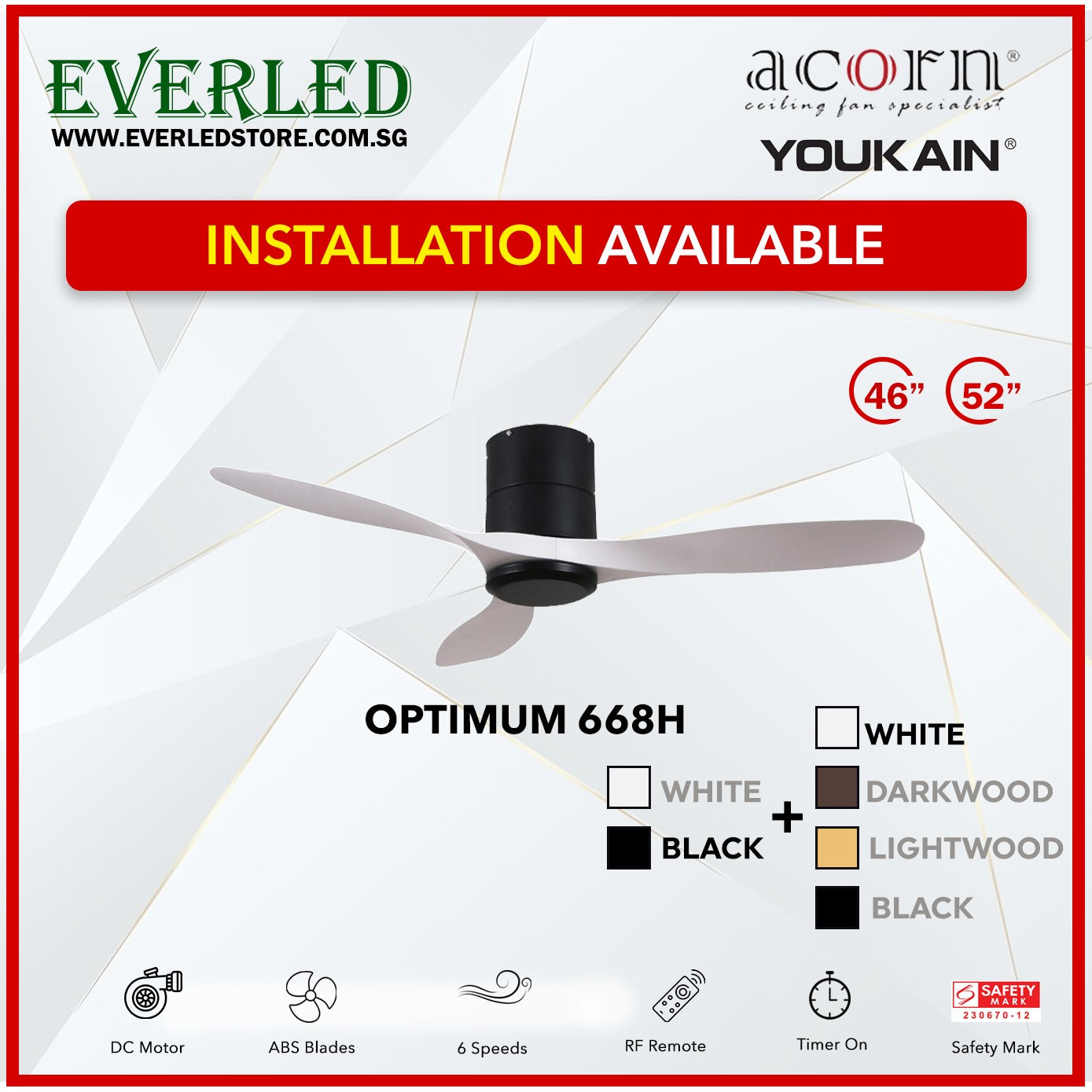 *INSTALLATION AVAILABLE* Acorn (Youkain) *SMART DC INVERTER* Optimum 668H 46"/52" with Tri-color LED