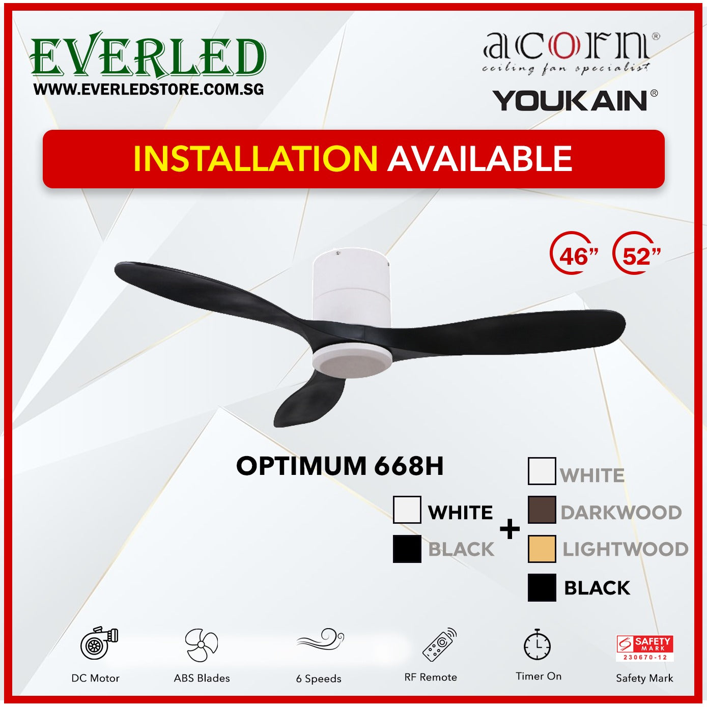 *INSTALLATION AVAILABLE* Acorn (Youkain) *SMART DC INVERTER* Optimum 668H 46"/52" with Tri-color LED