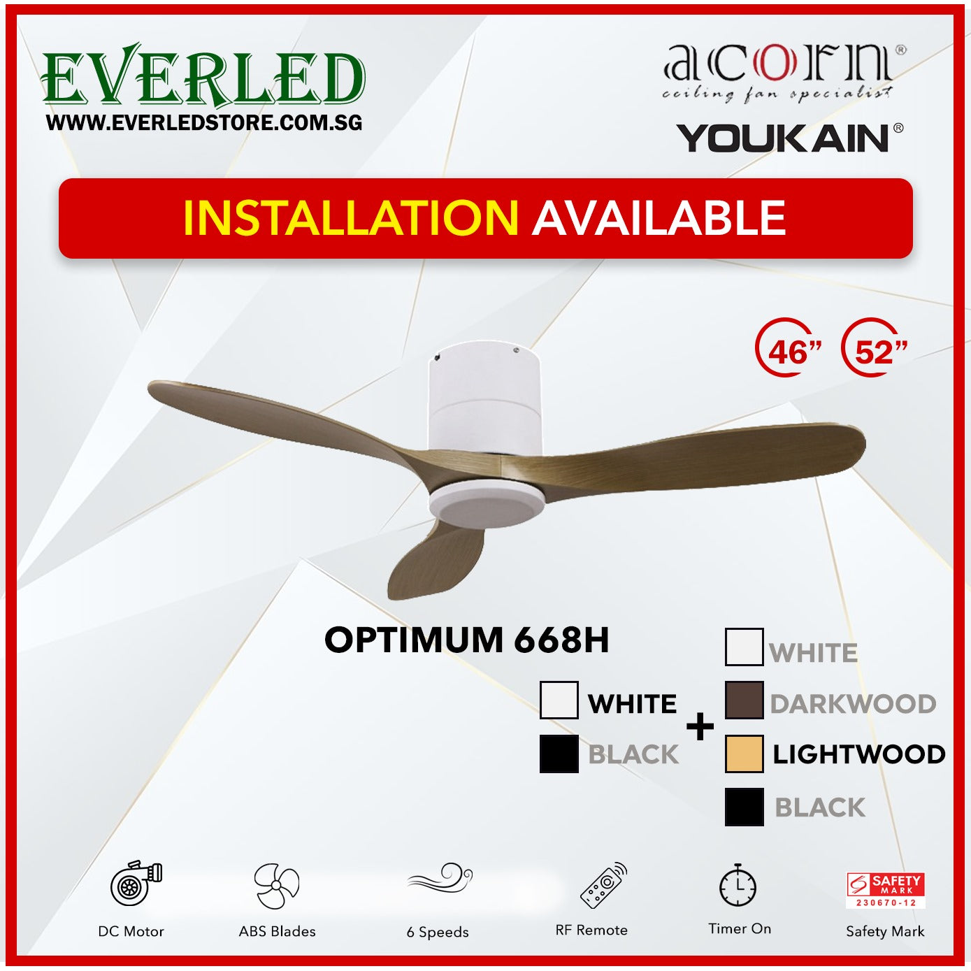 *INSTALLATION AVAILABLE* Acorn (Youkain) *SMART DC INVERTER* Optimum 668H 46"/52" with Tri-color LED