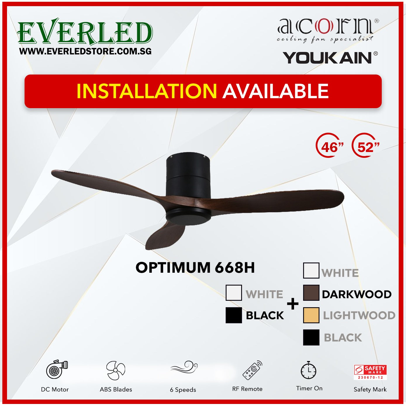 *INSTALLATION AVAILABLE* Acorn (Youkain) *SMART DC INVERTER* Optimum 668H 46"/52" with Tri-color LED
