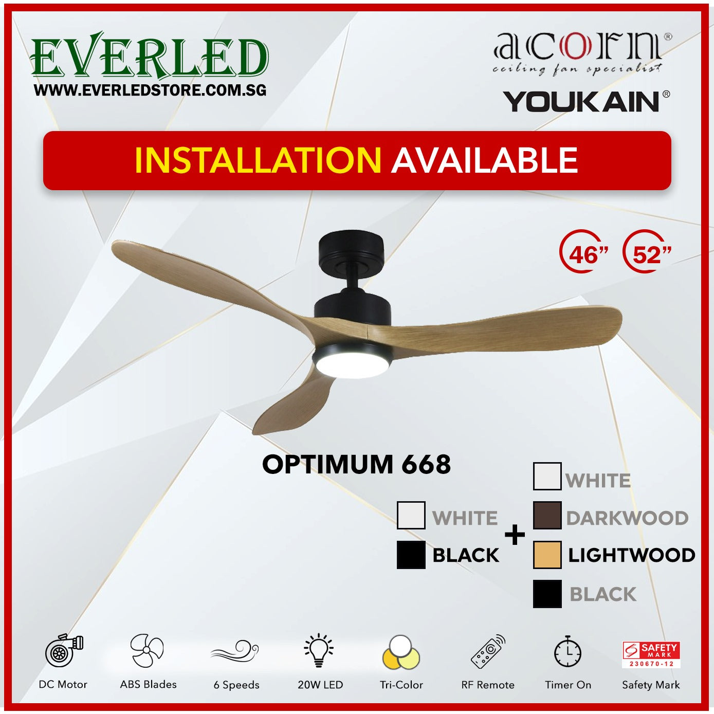*INSTALLATION AVAILABLE* Acorn (Youkain) *SMART DC INVERTER* Optimum 668 46"/52" with Tri-color LED