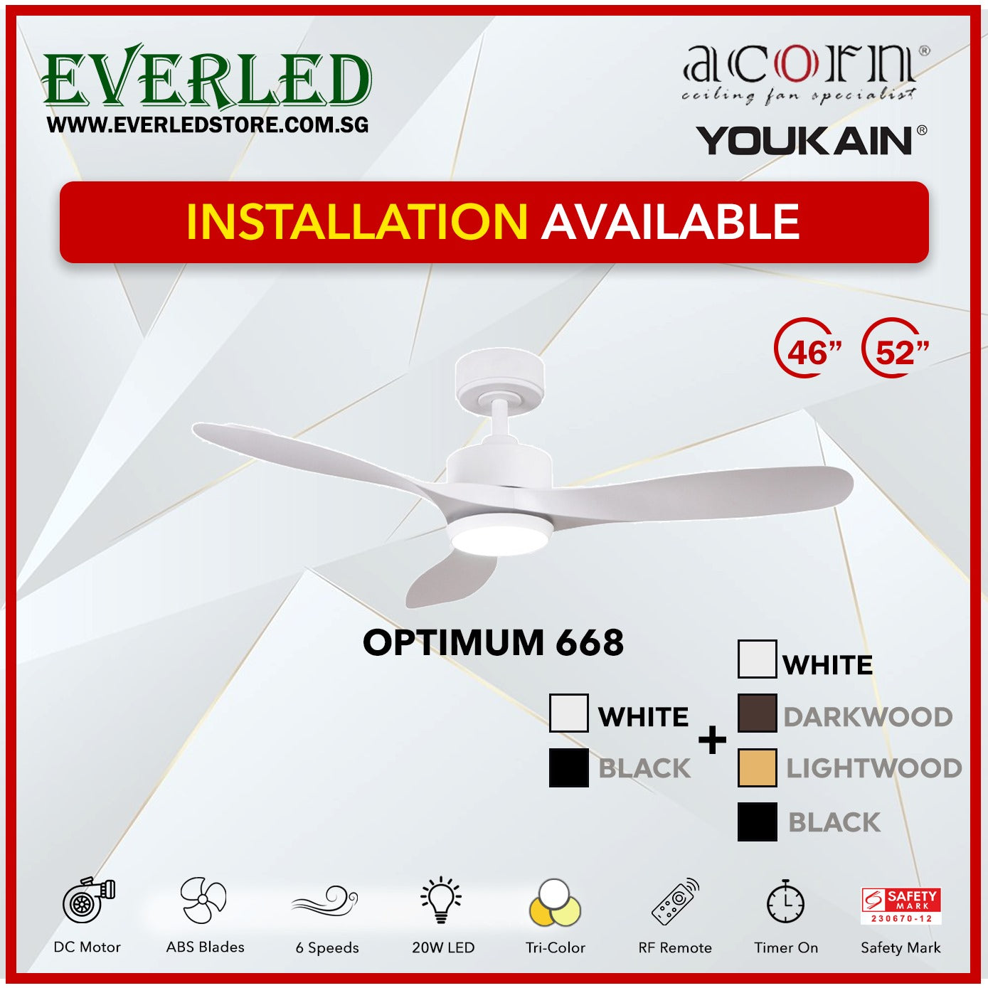 *INSTALLATION AVAILABLE* Acorn (Youkain) *SMART DC INVERTER* Optimum 668 46"/52" with Tri-color LED