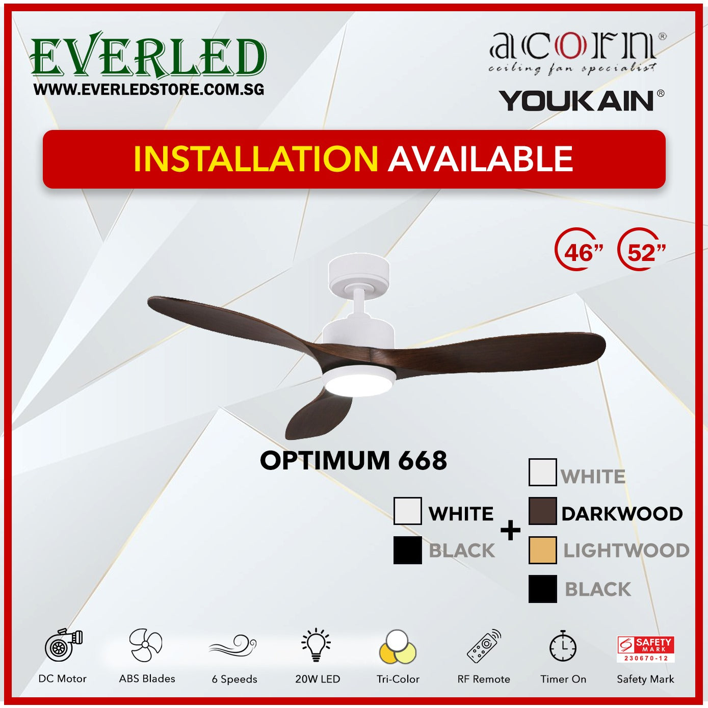 *INSTALLATION AVAILABLE* Acorn (Youkain) *SMART DC INVERTER* Optimum 668 46"/52" with Tri-color LED