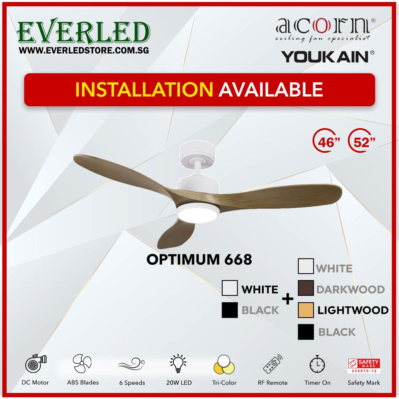 *INSTALLATION AVAILABLE* Acorn (Youkain) *SMART DC INVERTER* Optimum 668 46"/52" with Tri-color LED