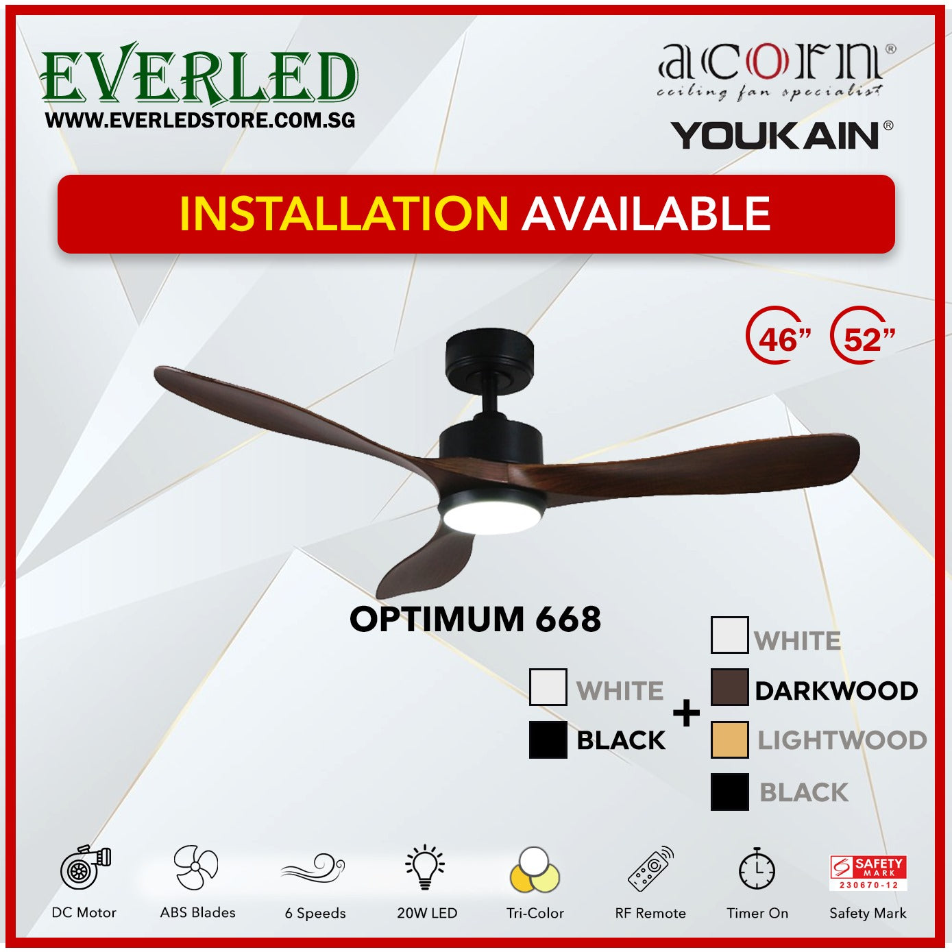 *INSTALLATION AVAILABLE* Acorn (Youkain) *SMART DC INVERTER* Optimum 668 46"/52" with Tri-color LED