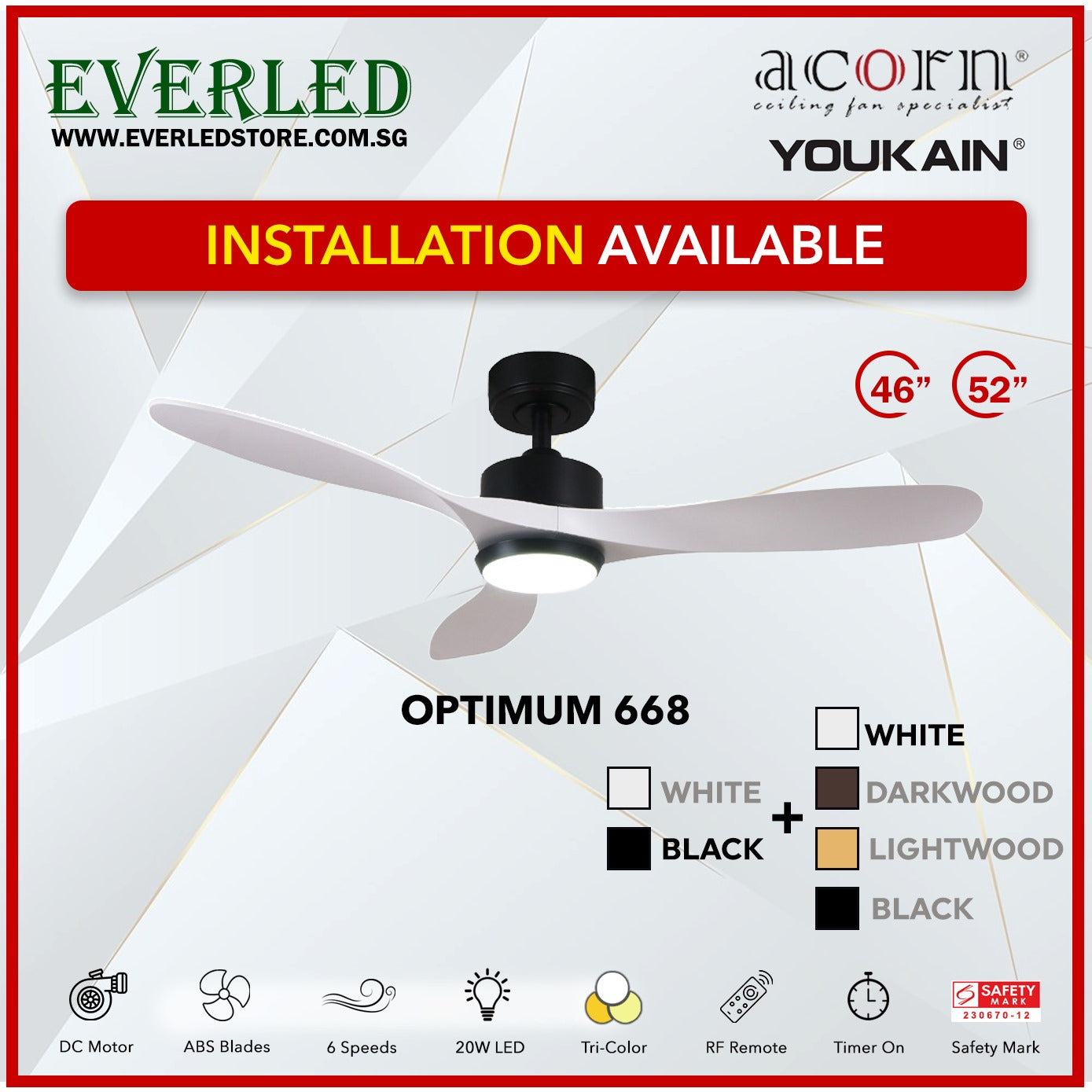 *INSTALLATION AVAILABLE* Acorn (Youkain) *SMART DC INVERTER* Optimum 668 46"/52" with Tri-color LED
