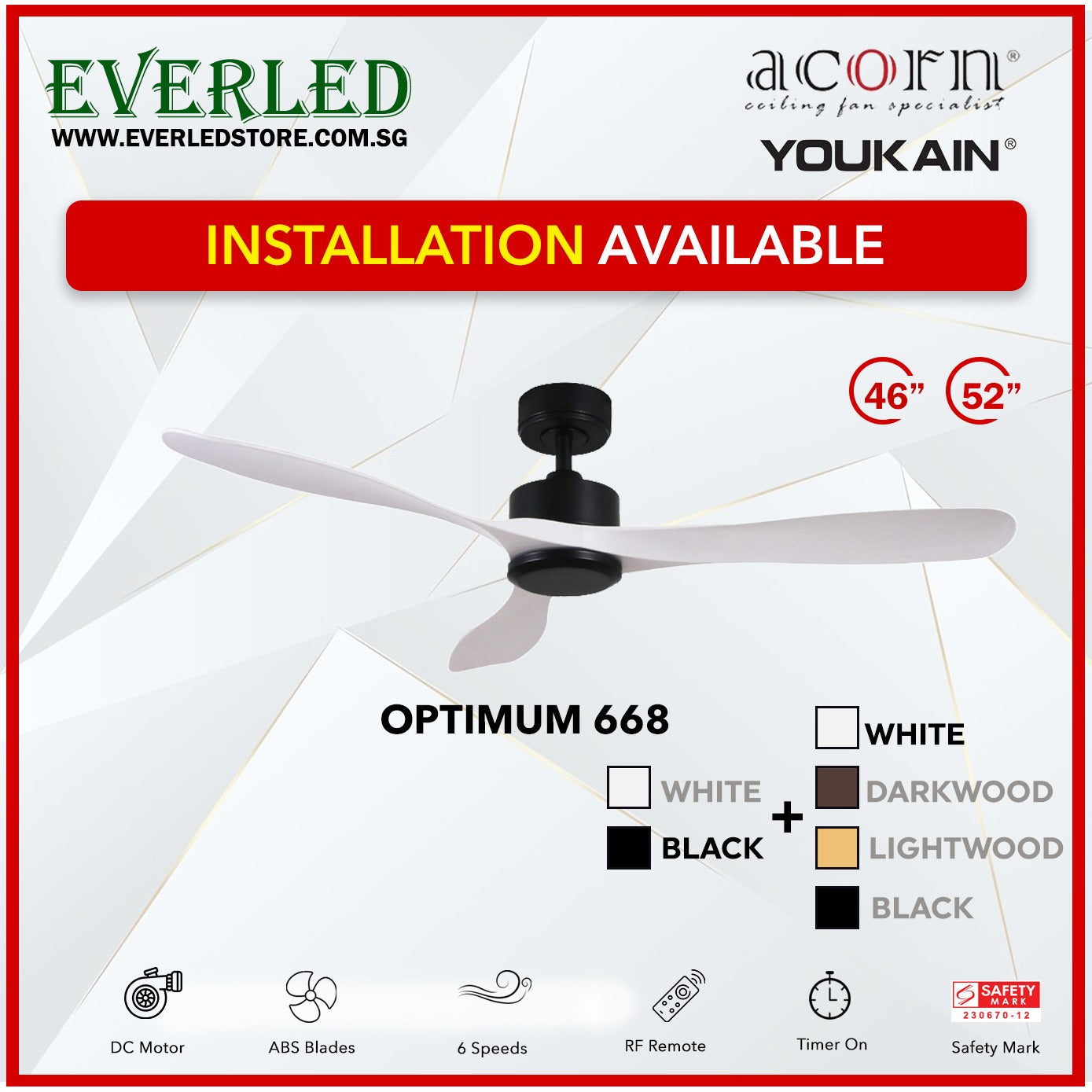 *INSTALLATION AVAILABLE* Acorn (Youkain) *SMART DC INVERTER* Optimum 668 46"/52" with Tri-color LED