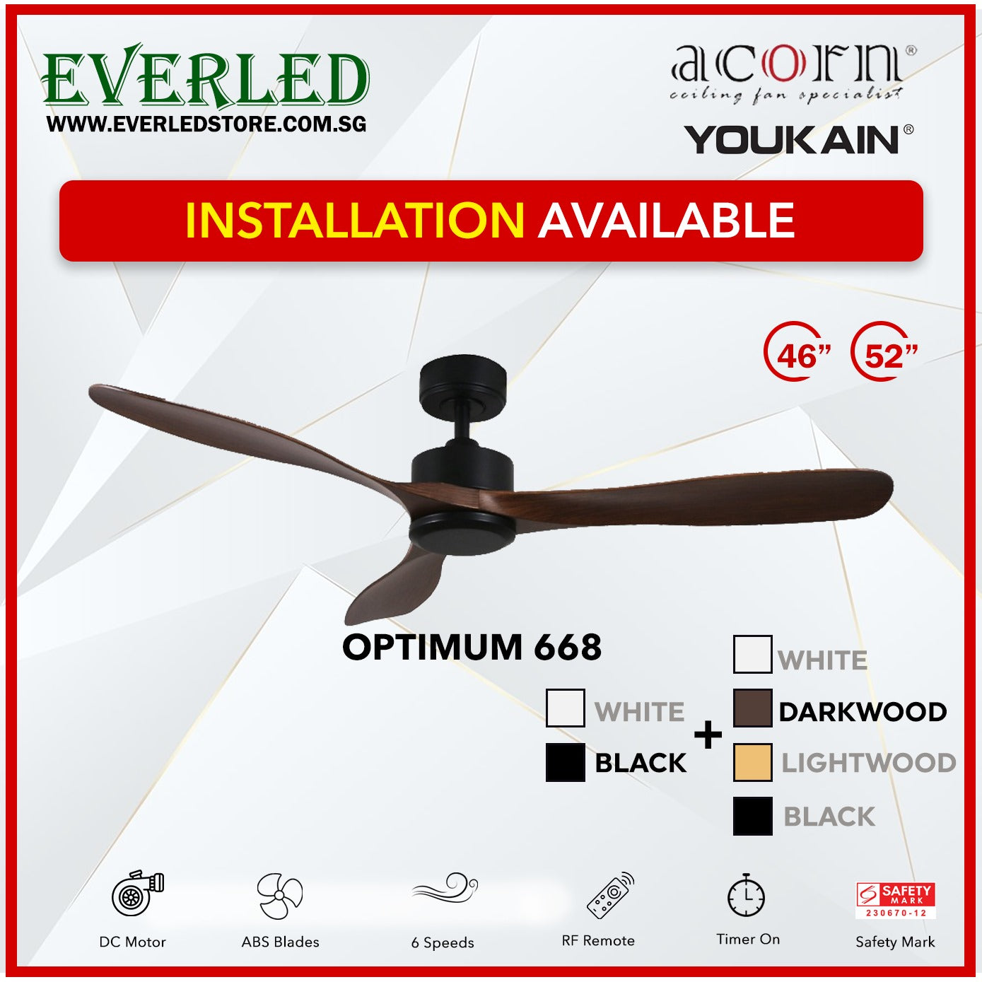 *INSTALLATION AVAILABLE* Acorn (Youkain) *SMART DC INVERTER* Optimum 668 46"/52" with Tri-color LED