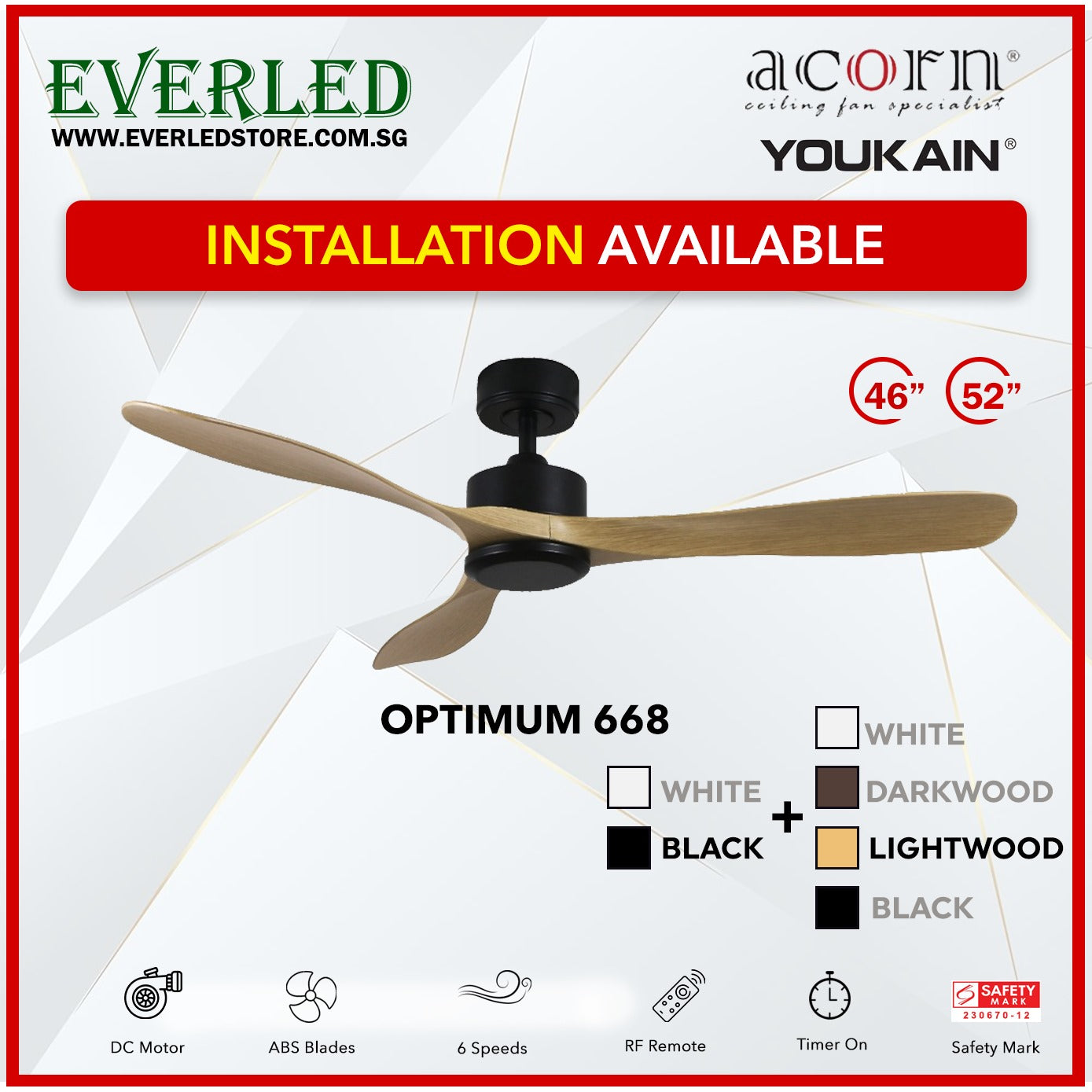 *INSTALLATION AVAILABLE* Acorn (Youkain) *SMART DC INVERTER* Optimum 668 46"/52" with Tri-color LED