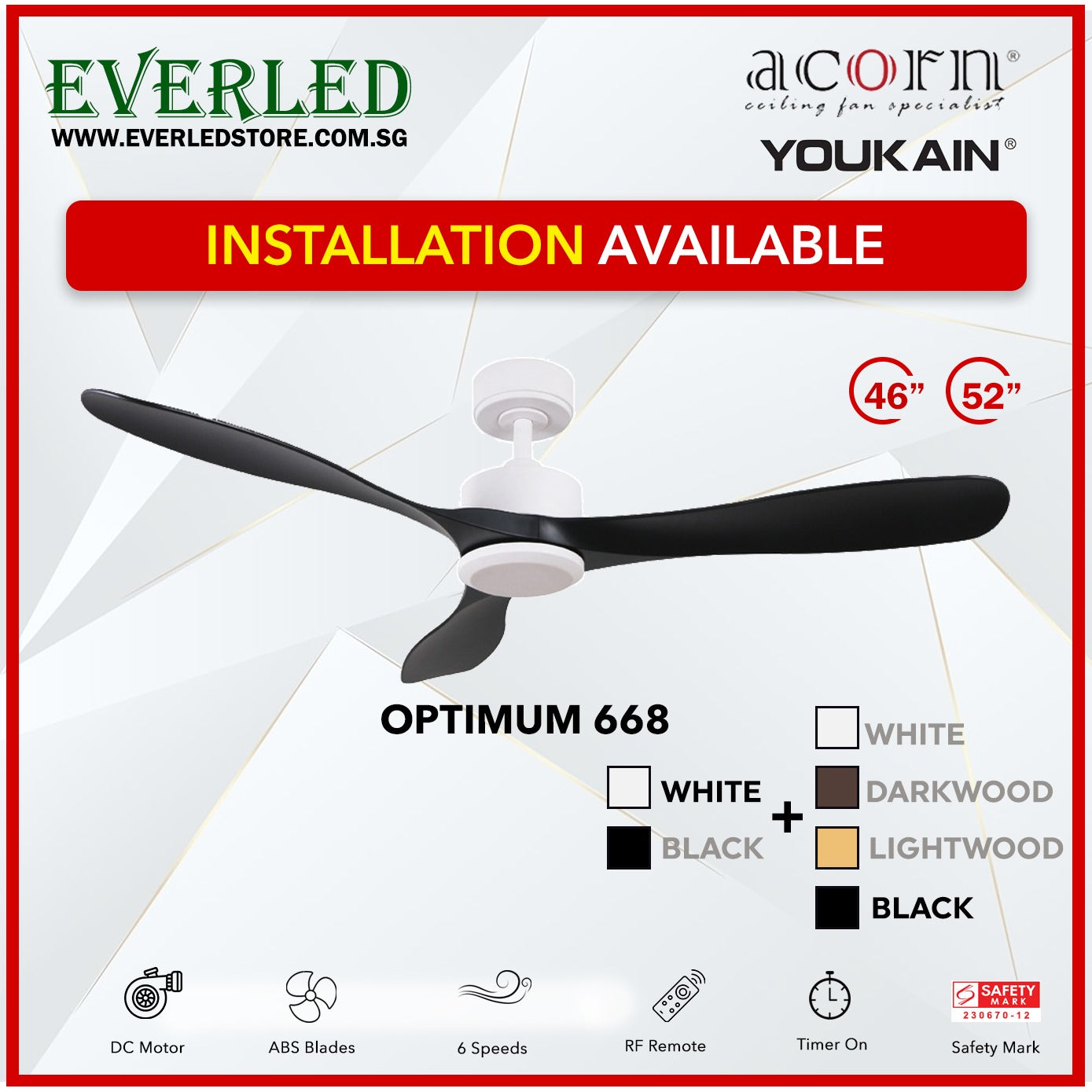 *INSTALLATION AVAILABLE* Acorn (Youkain) *SMART DC INVERTER* Optimum 668 46"/52" with Tri-color LED