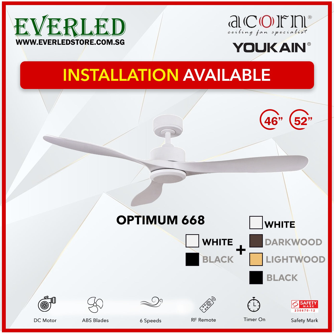 *INSTALLATION AVAILABLE* Acorn (Youkain) *SMART DC INVERTER* Optimum 668 46"/52" with Tri-color LED