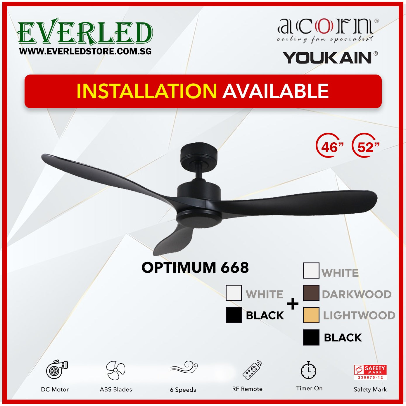 *INSTALLATION AVAILABLE* Acorn (Youkain) *SMART DC INVERTER* Optimum 668 46"/52" with Tri-color LED