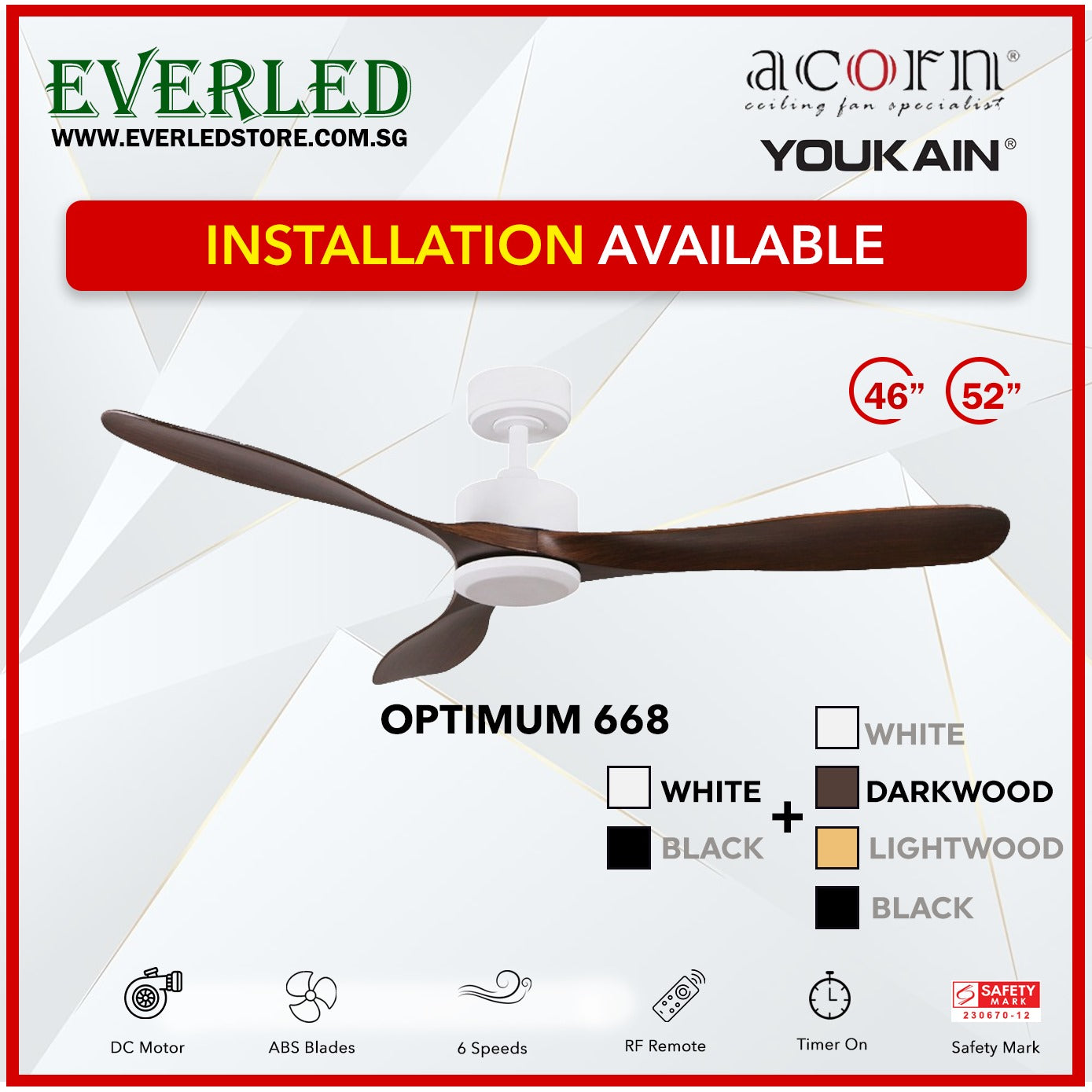 *INSTALLATION AVAILABLE* Acorn (Youkain) *SMART DC INVERTER* Optimum 668 46"/52" with Tri-color LED